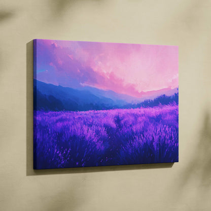 Vibrant purple lavender field at dusk on stretched canvas wall art