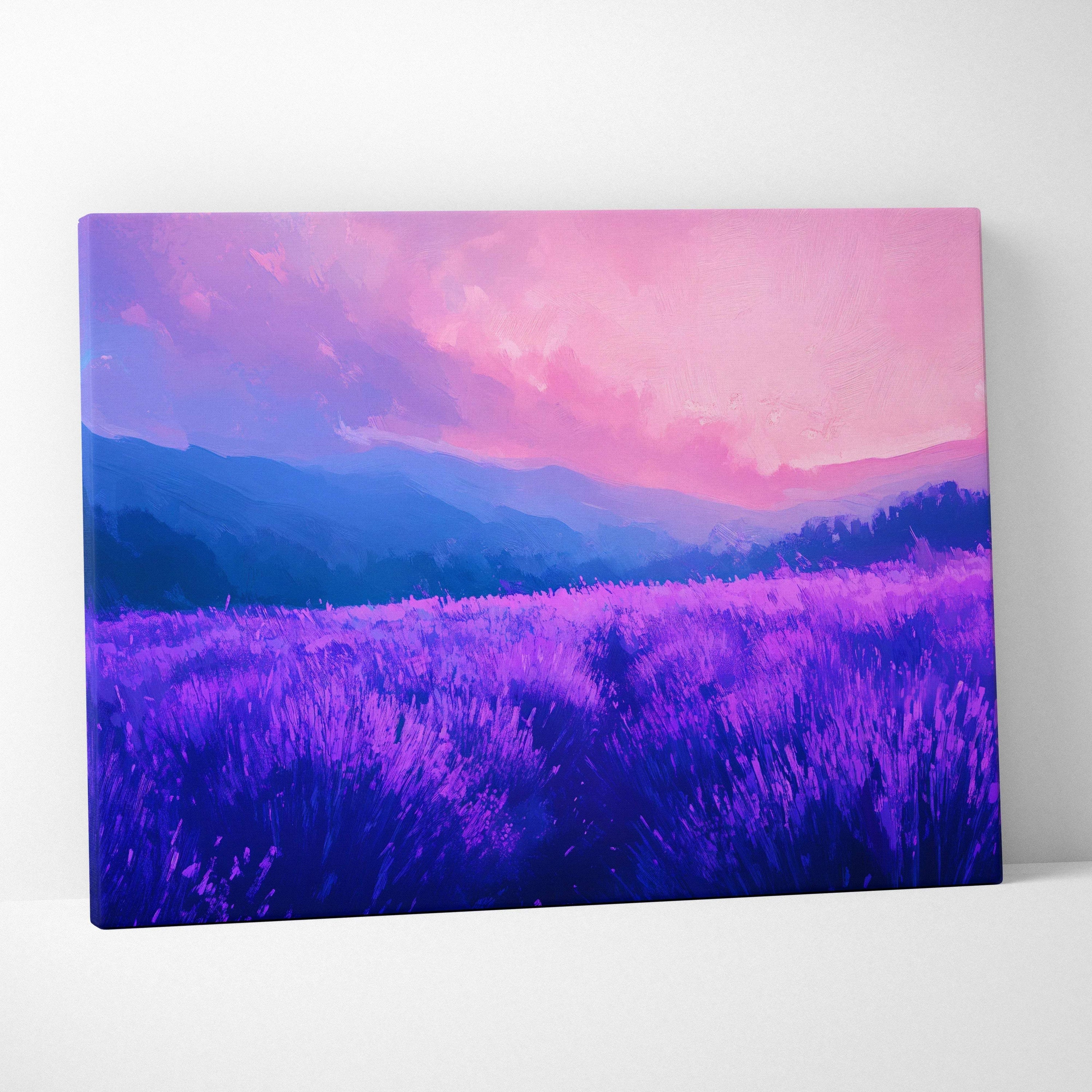Impressionist lavender fields at dusk canvas art in violet indigo blush pink
