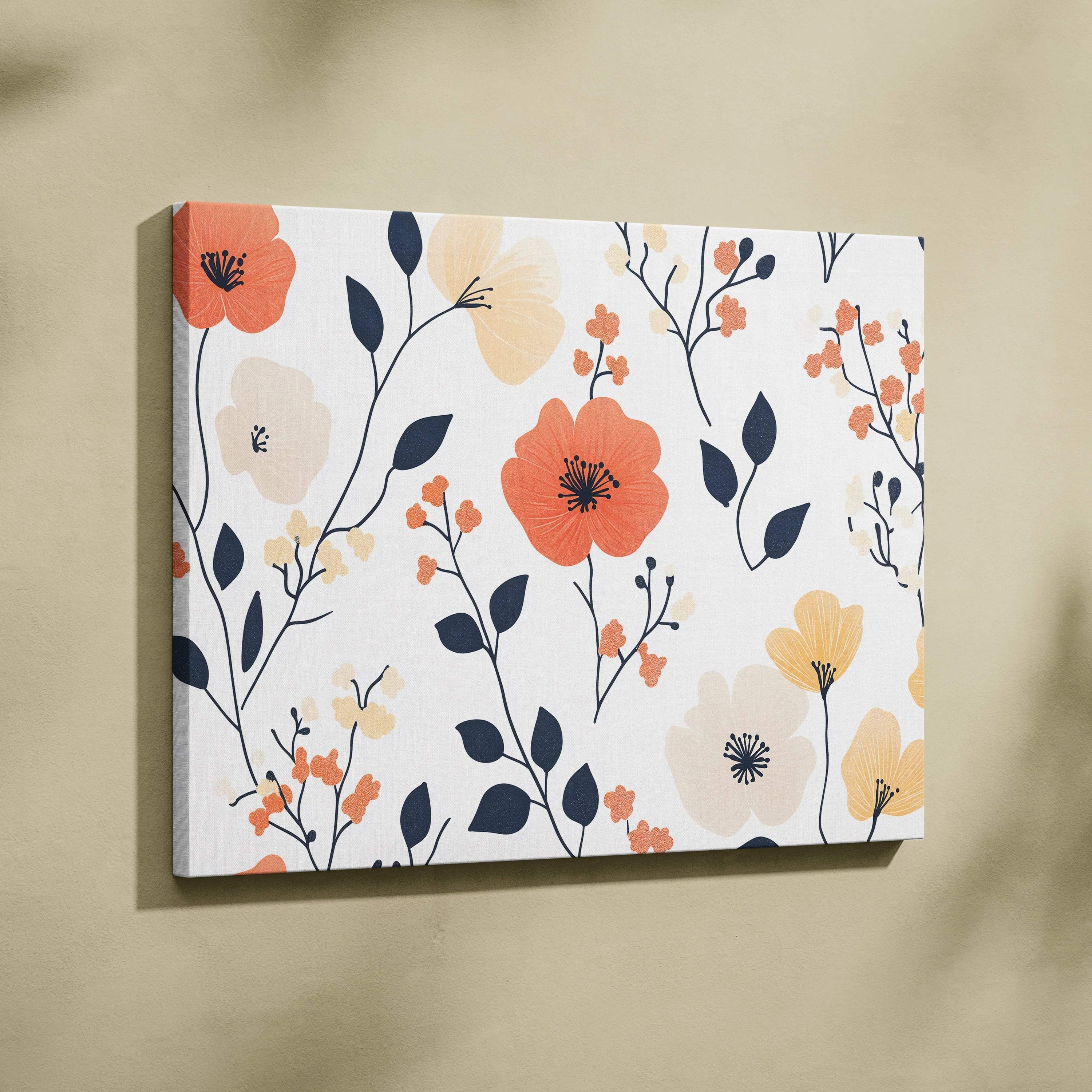 Spring Botanica floral canvas wall art with coral peach navy tones