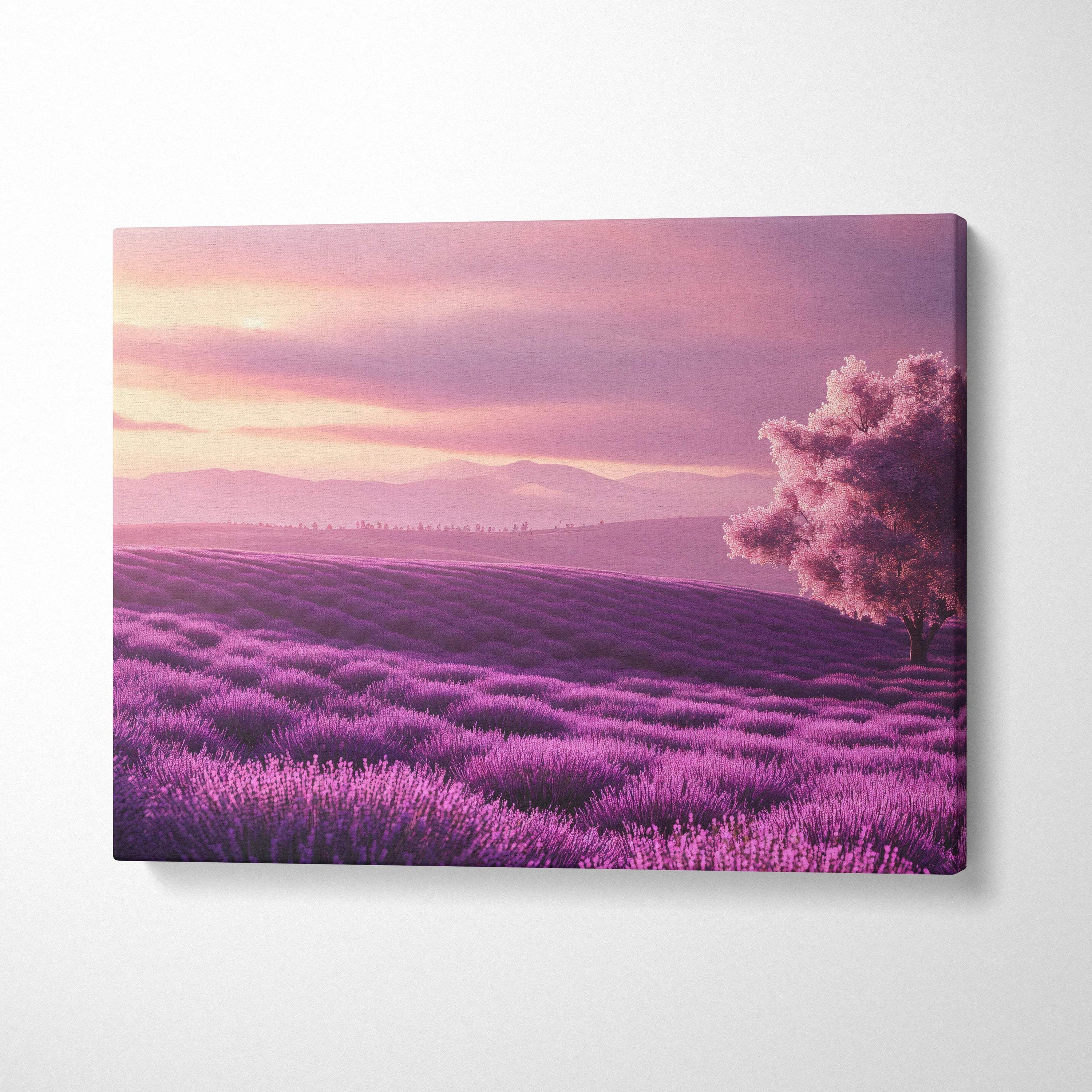 Purple lavender field canvas print with solitary tree at sunset