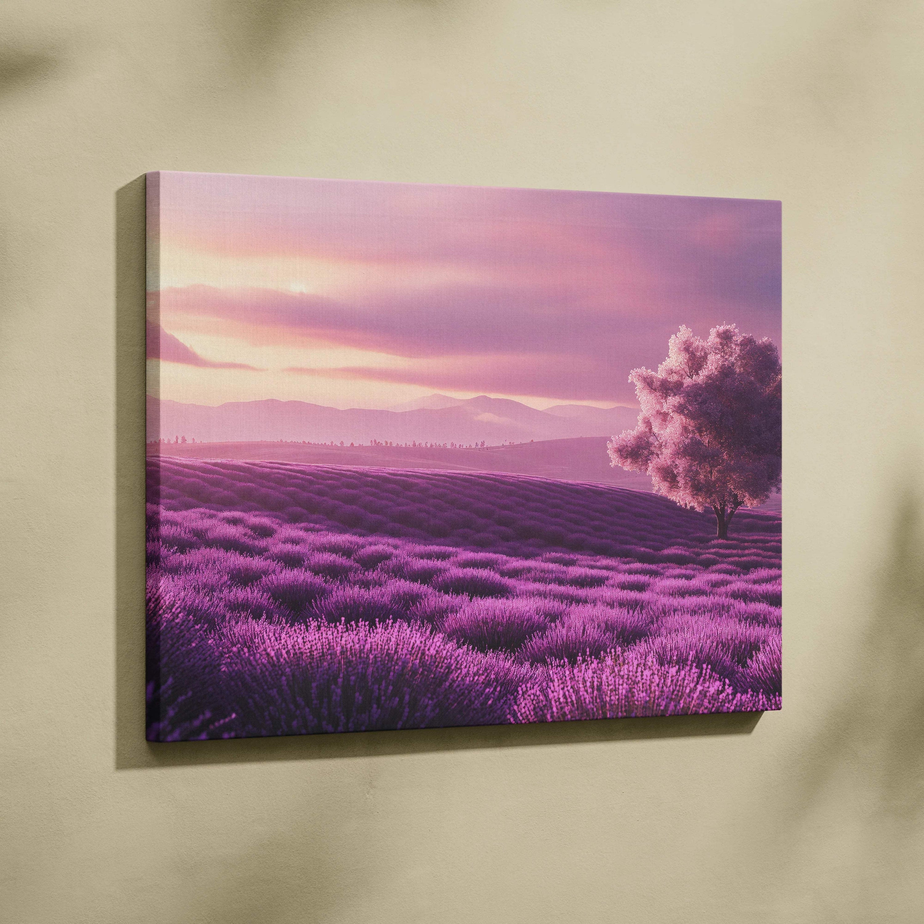 Lavender field canvas print with solitary tree at sunset