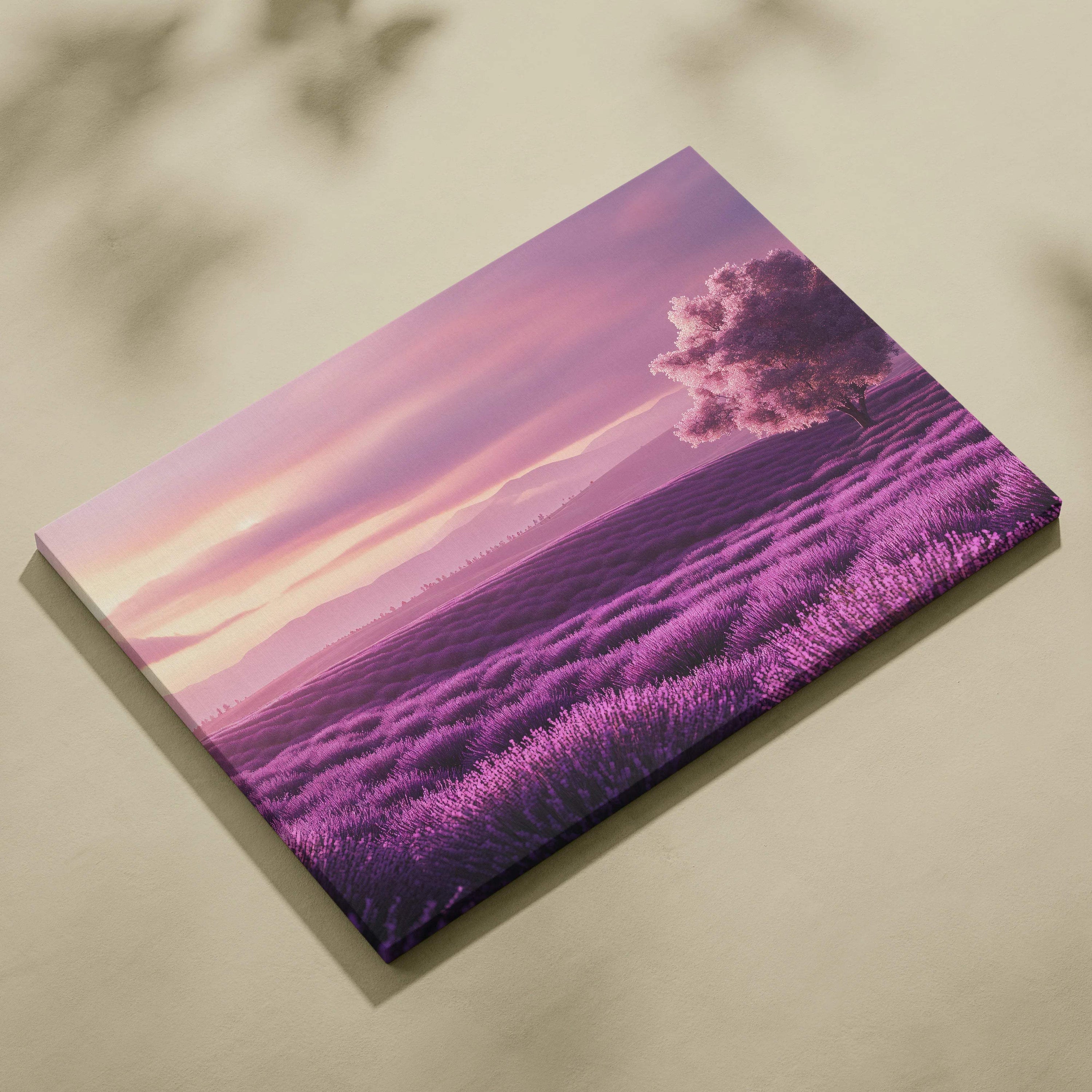 Purple lavender field canvas print with solitary tree at sunset