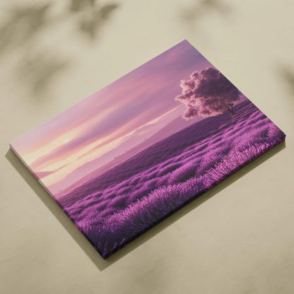Purple lavender field canvas print with solitary tree at sunset