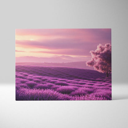 Purple lavender field canvas print with solitary tree at sunset