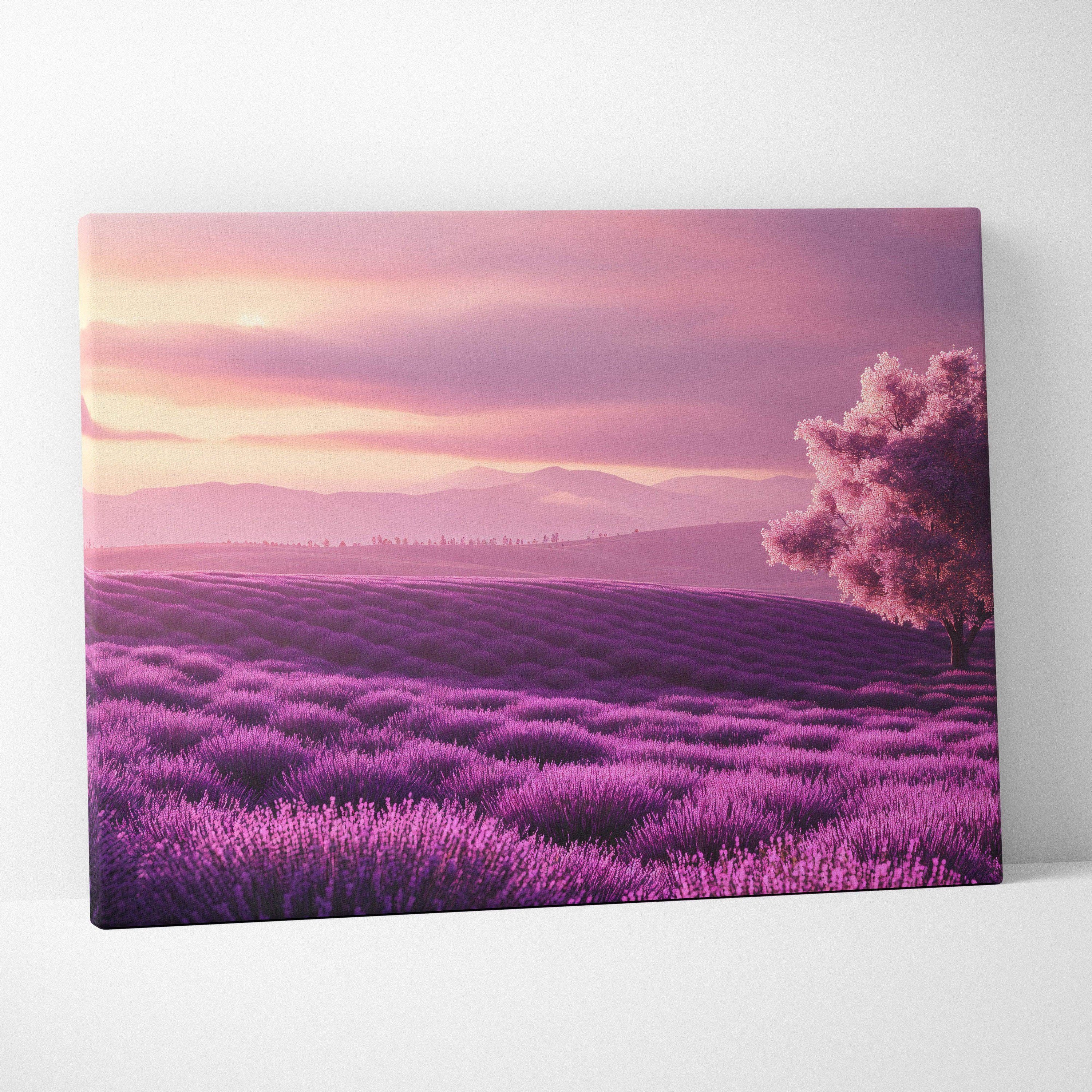 Purple lavender field canvas print with solitary tree at sunset