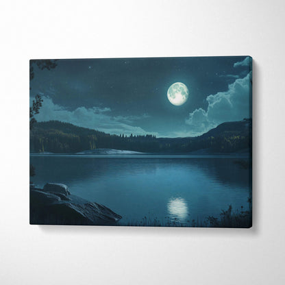 Moonlit stillwater canvas wall art: cinematic teal lake under full moon