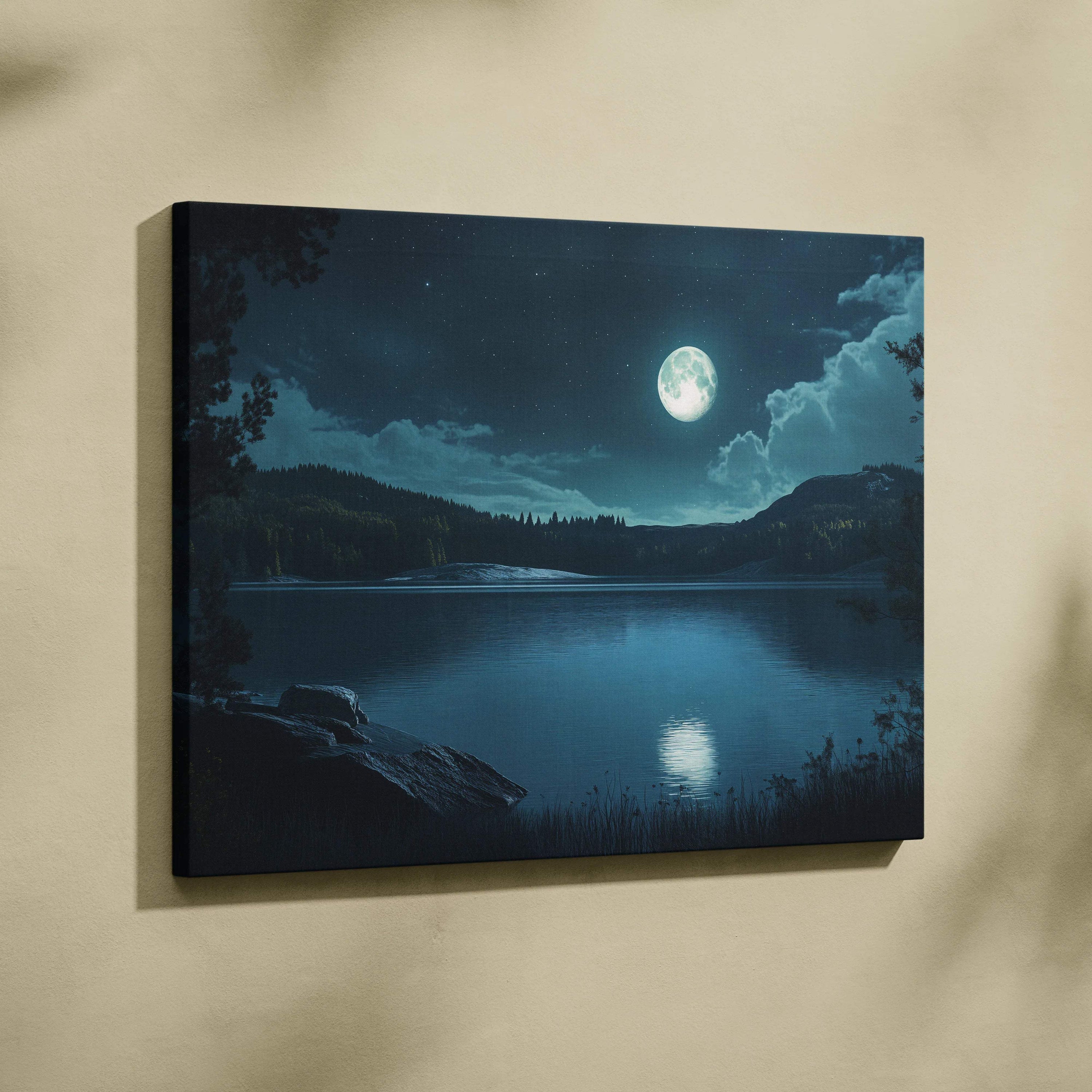 Moonlit stillwater canvas wall art with full moon on calm water