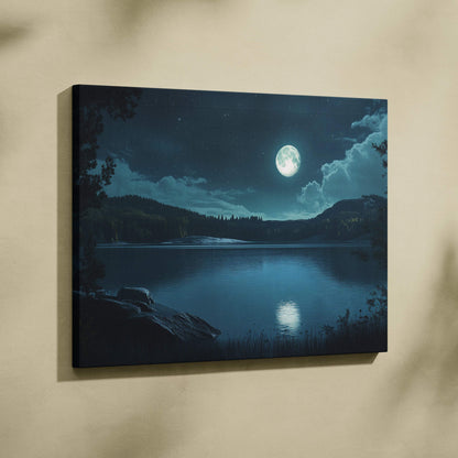 Moonlit stillwater canvas wall art with full moon on calm water