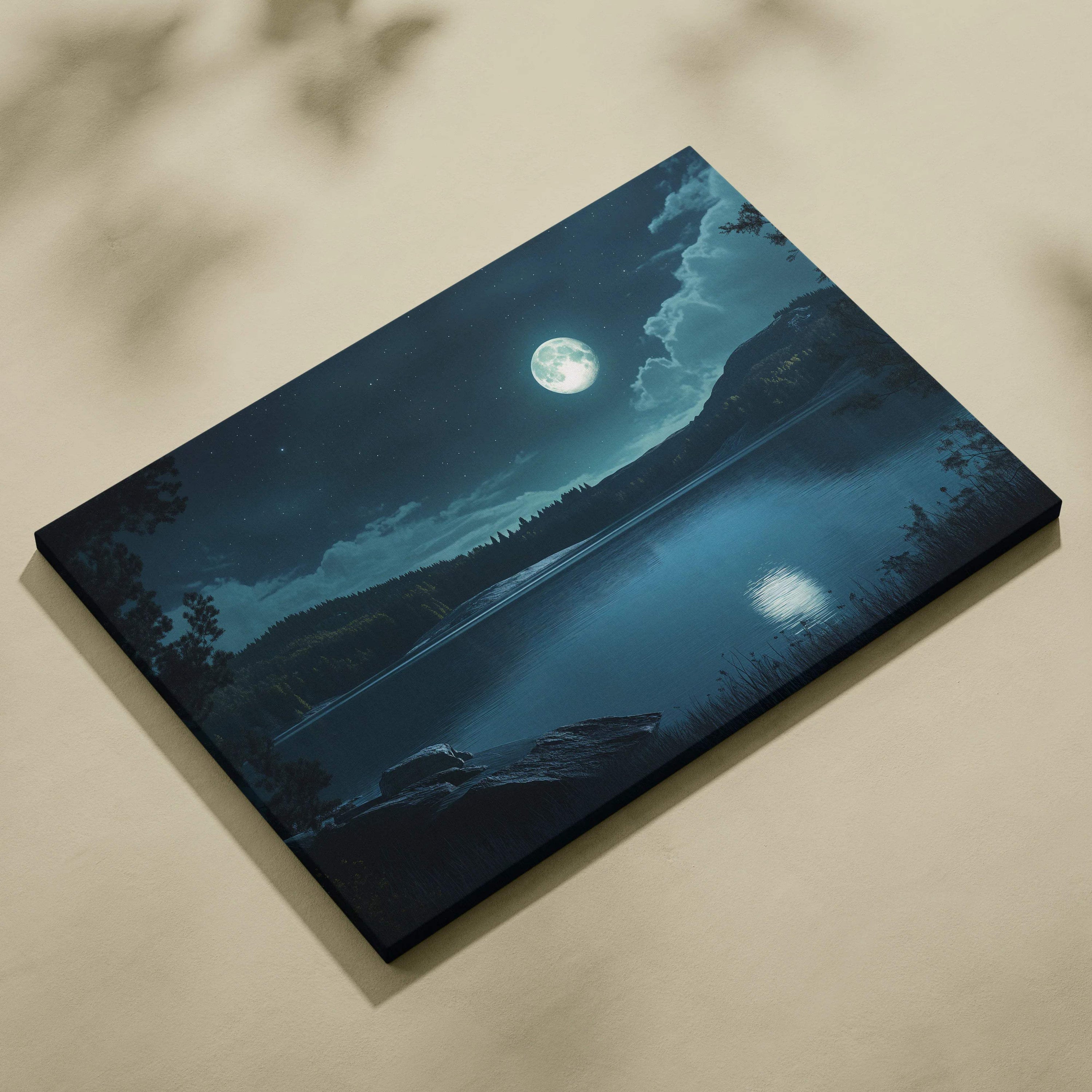 Moonlit stillwater canvas wall art with full moon on calm water