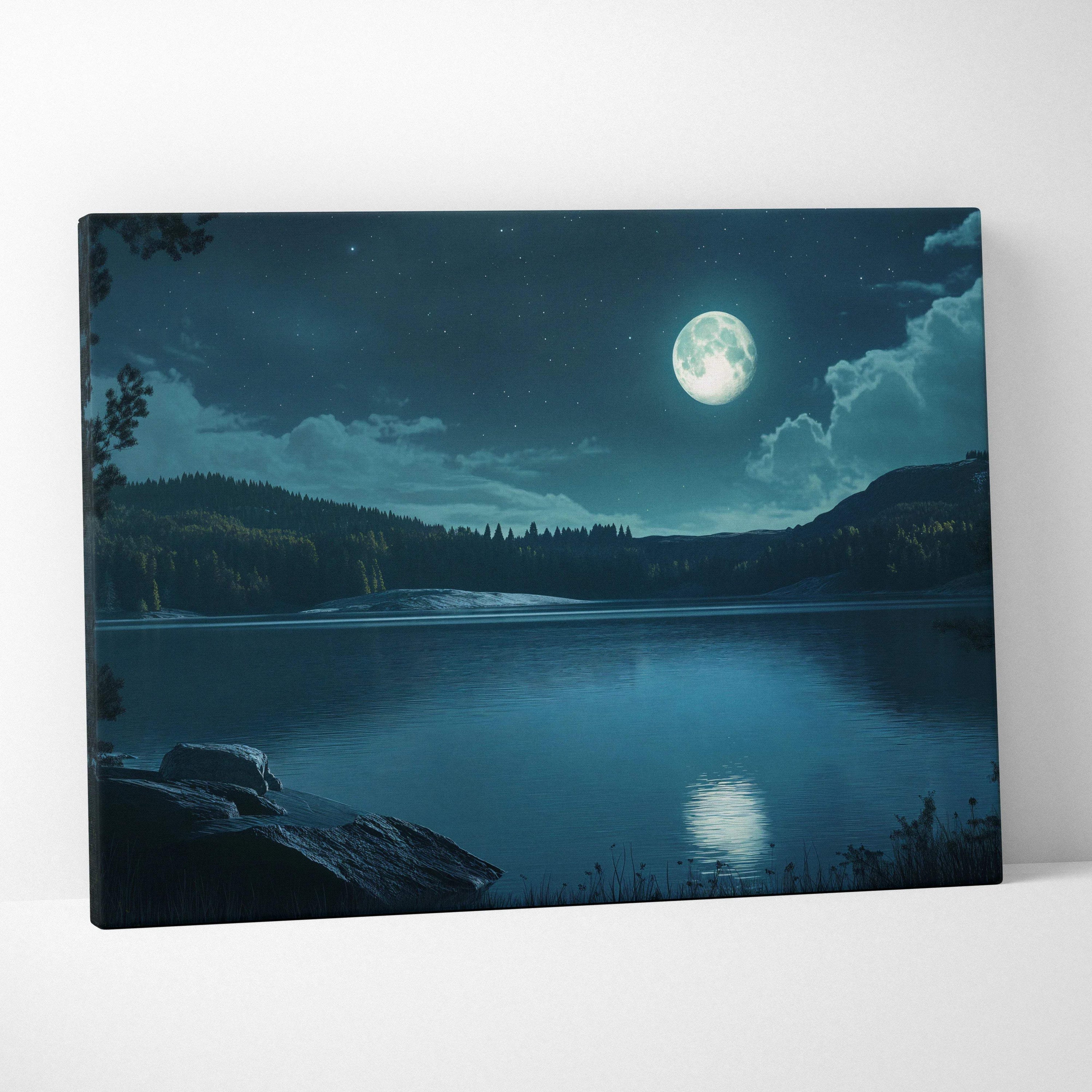 Moonlit stillwater canvas wall art with full moon on calm water
