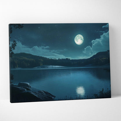 Moonlit stillwater canvas wall art with full moon on calm water