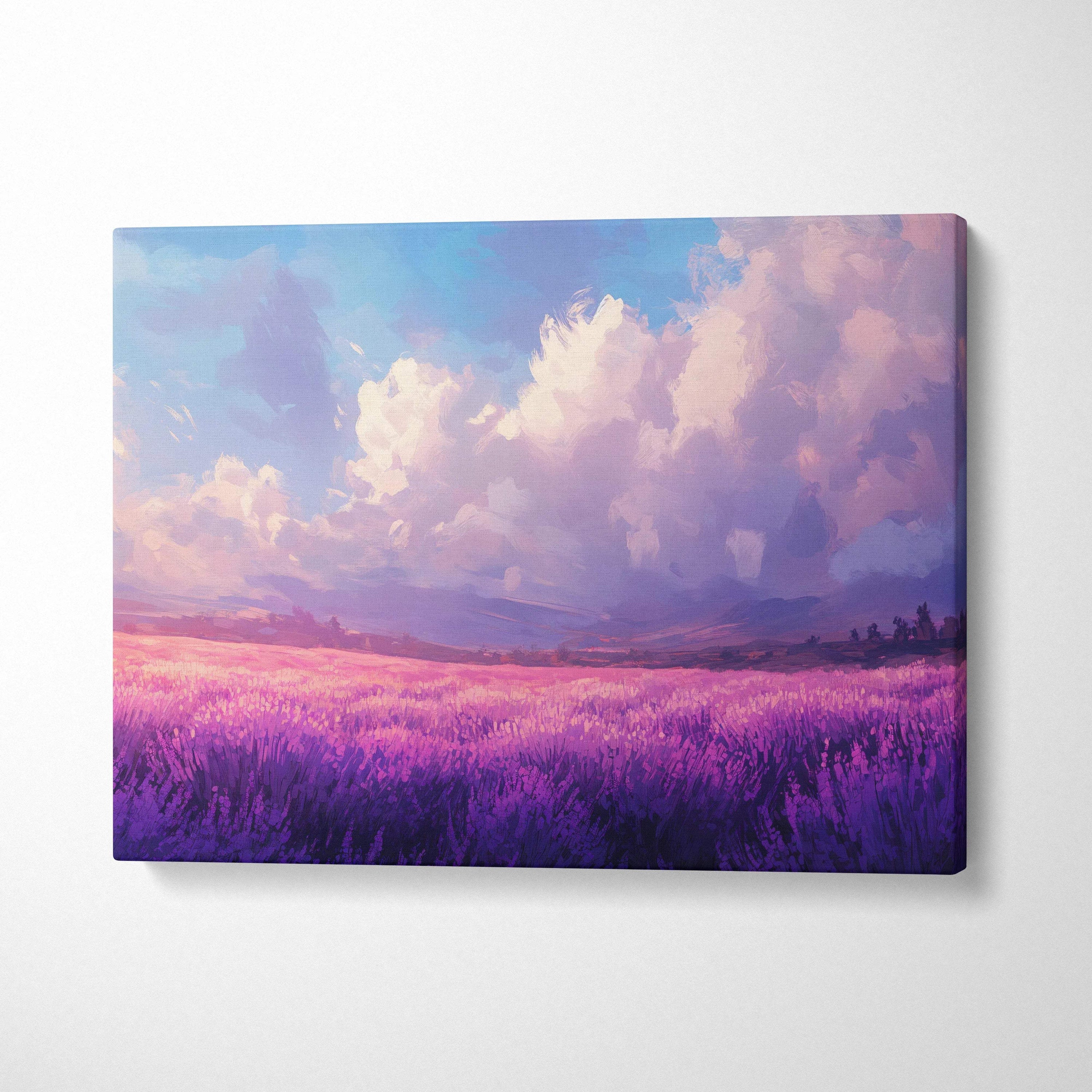 Lavender horizon impressionist canvas wall art in lilac violet pink blue hues