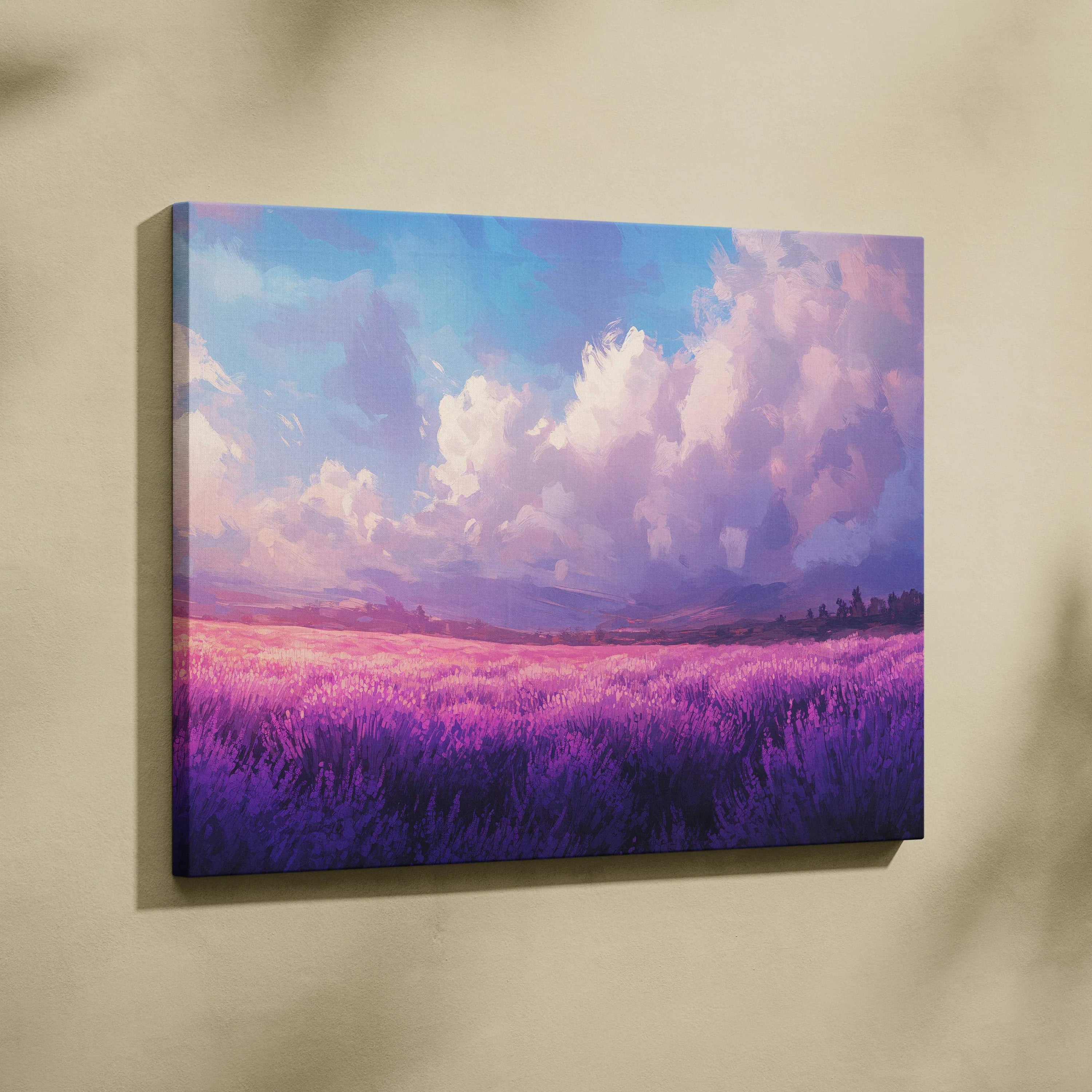 Lavender field canvas wall art in lilac violet pink blue hues