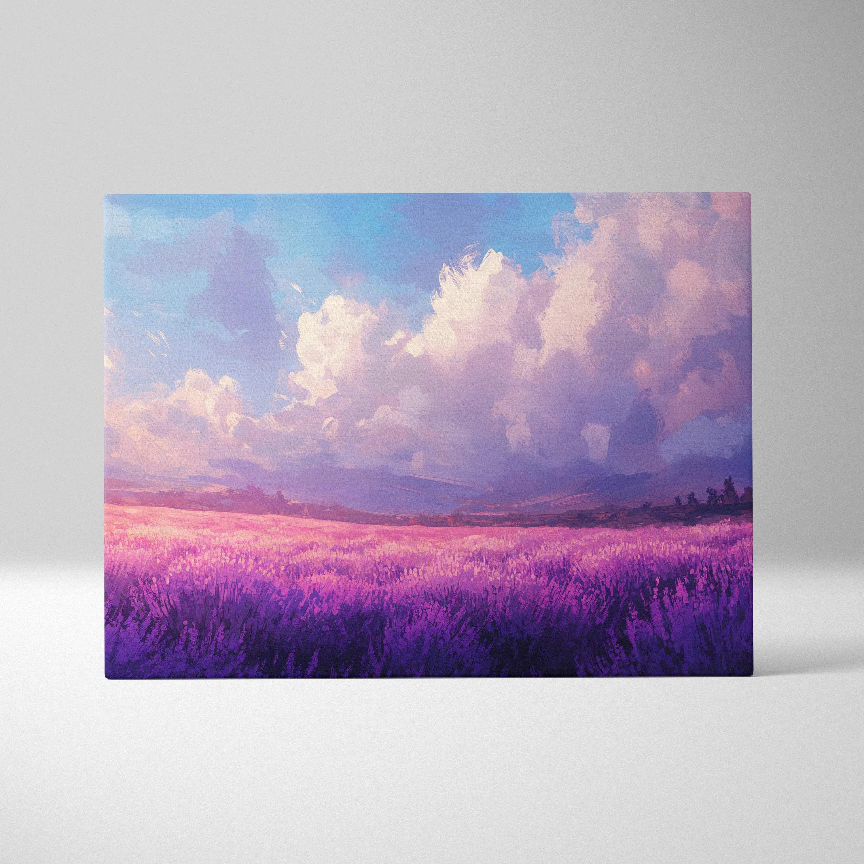 Vibrant lavender field canvas wall art in lilac violet pink blue hues