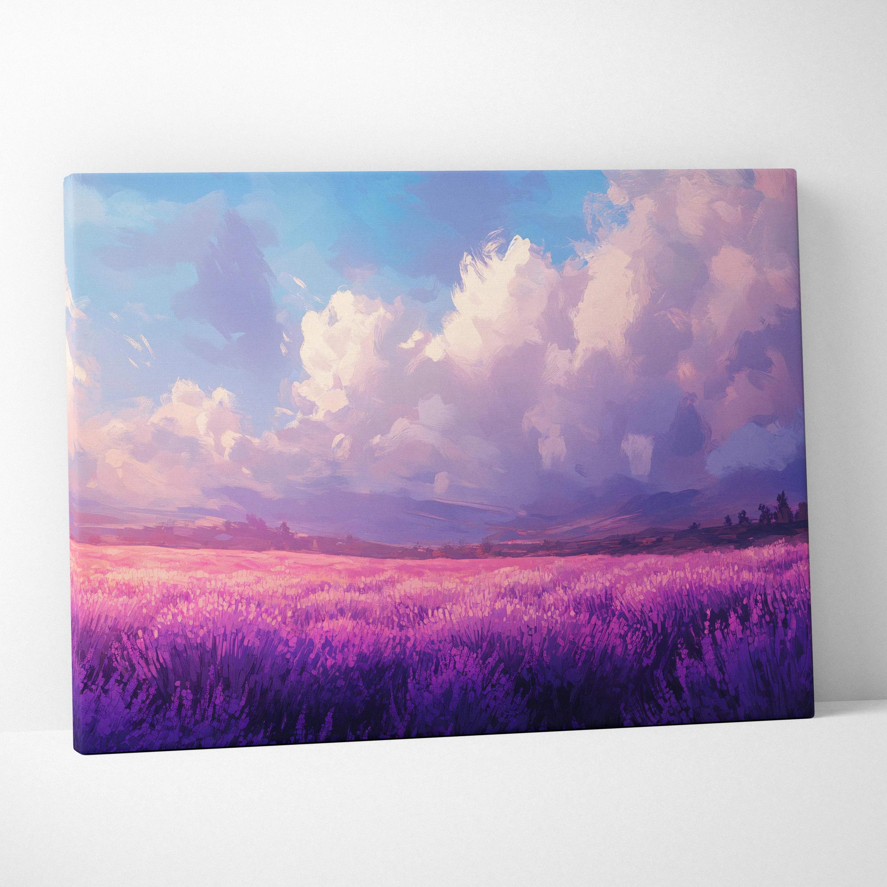 Vibrant lavender field canvas print in lilac violet pink blue hues