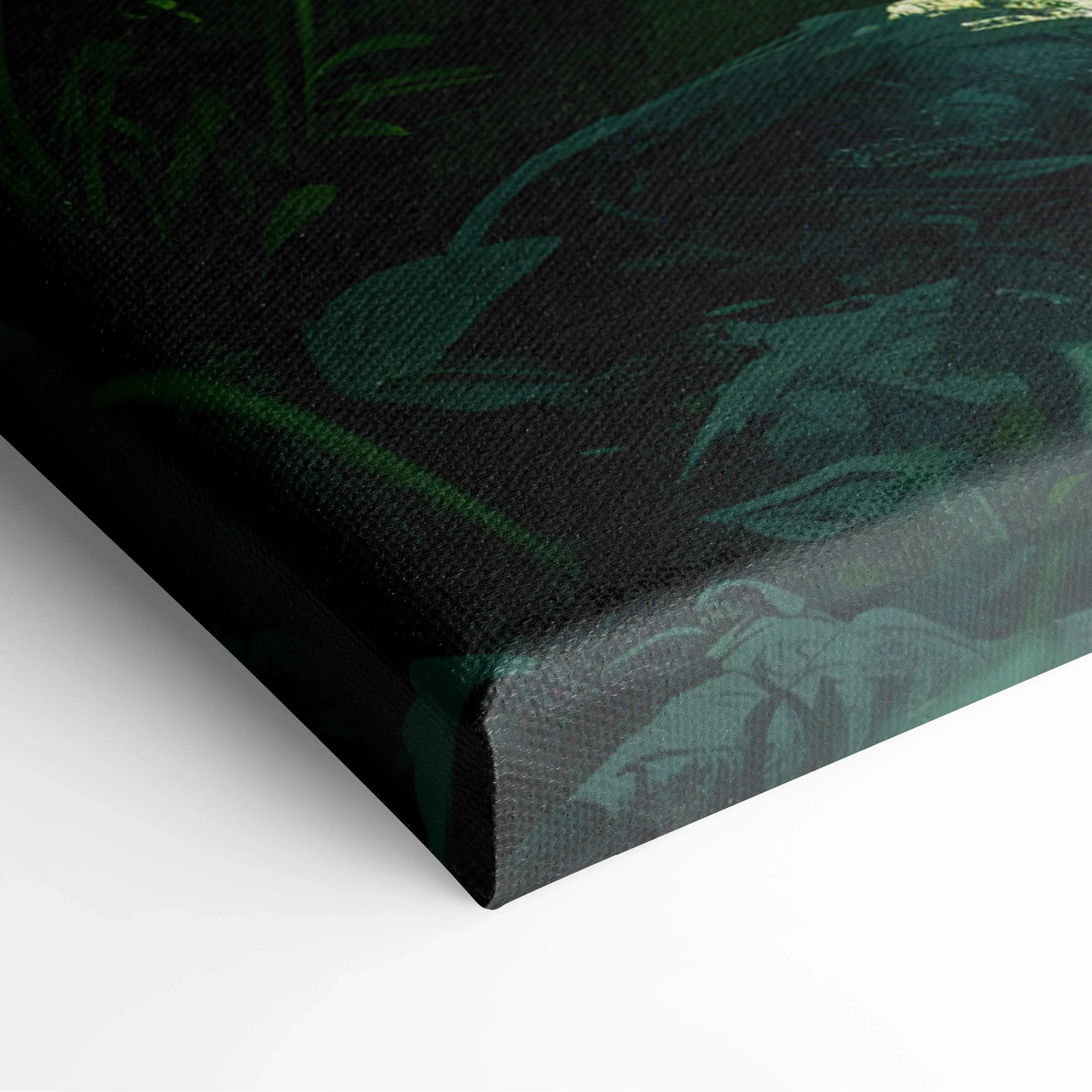 Black canvas print of cinematic painterly bamboo forest in emerald jade moss greens