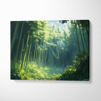 Cinematic painterly bamboo forest canvas wall art in serene emerald greens with soft gold light