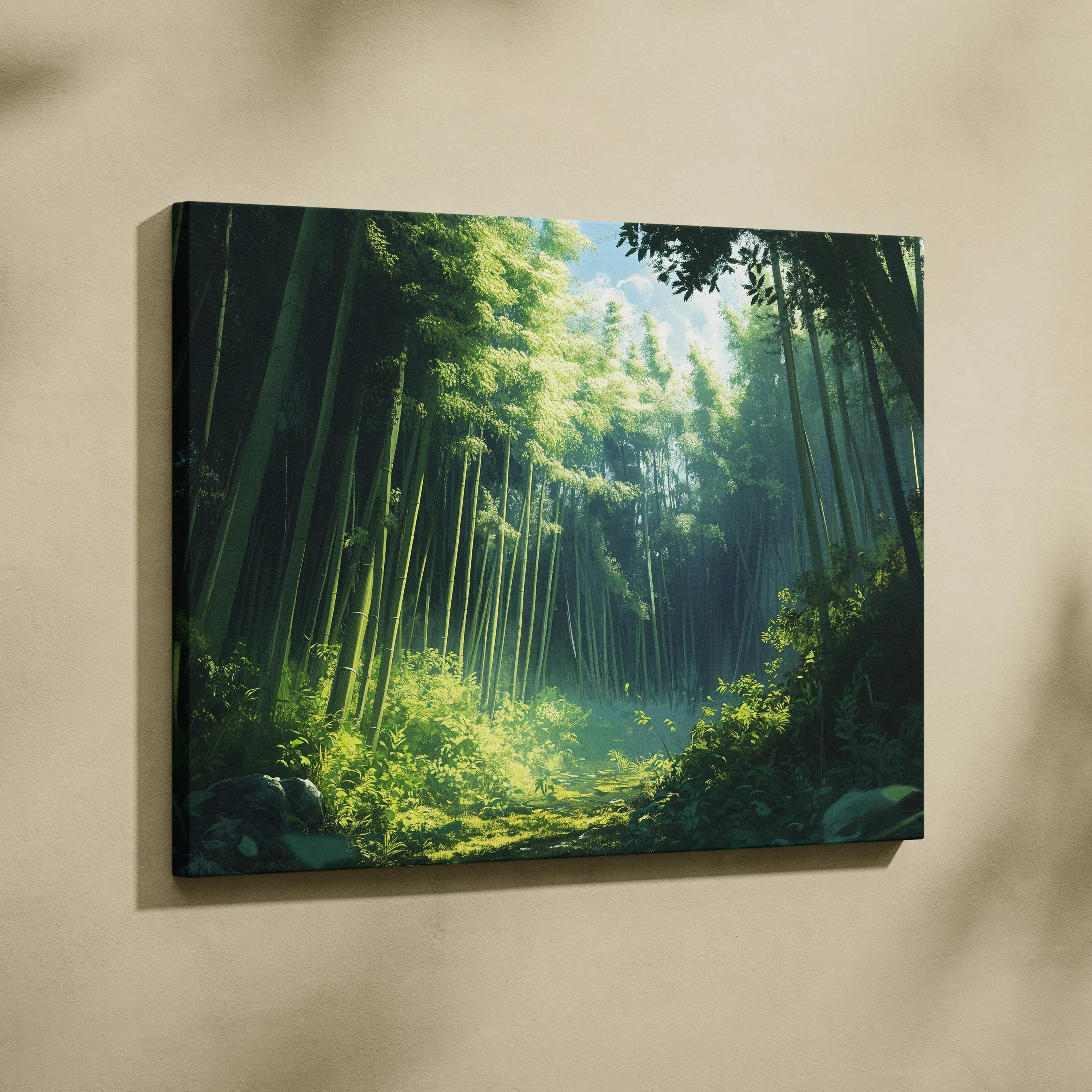 Cinematic painterly bamboo forest canvas wall art in serene emerald greens with soft gold light