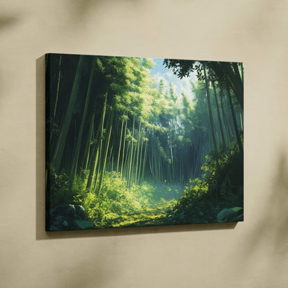 Cinematic painterly bamboo forest canvas wall art in serene emerald greens with soft gold light