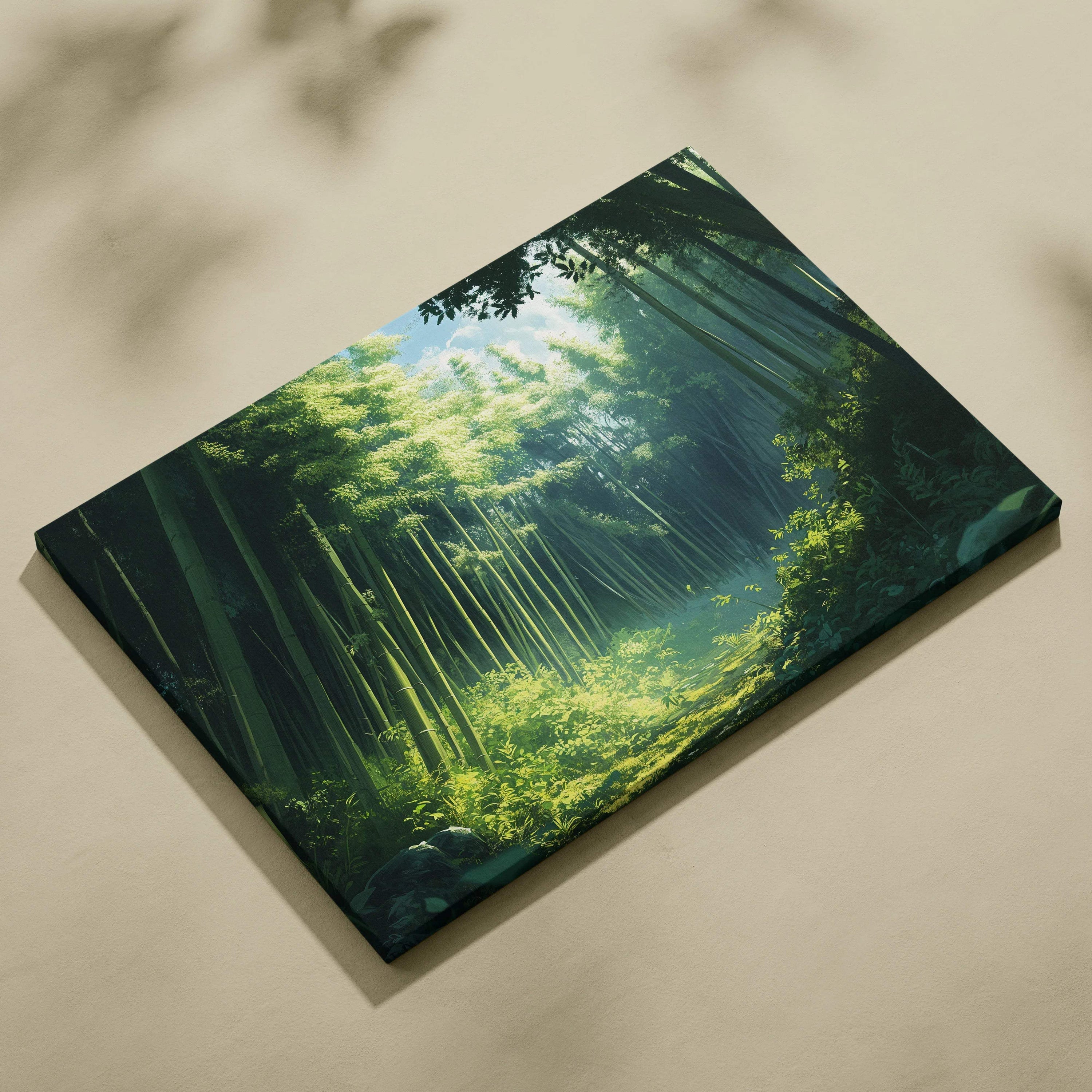 Cinematic painterly bamboo forest canvas print in serene emerald jade greens
