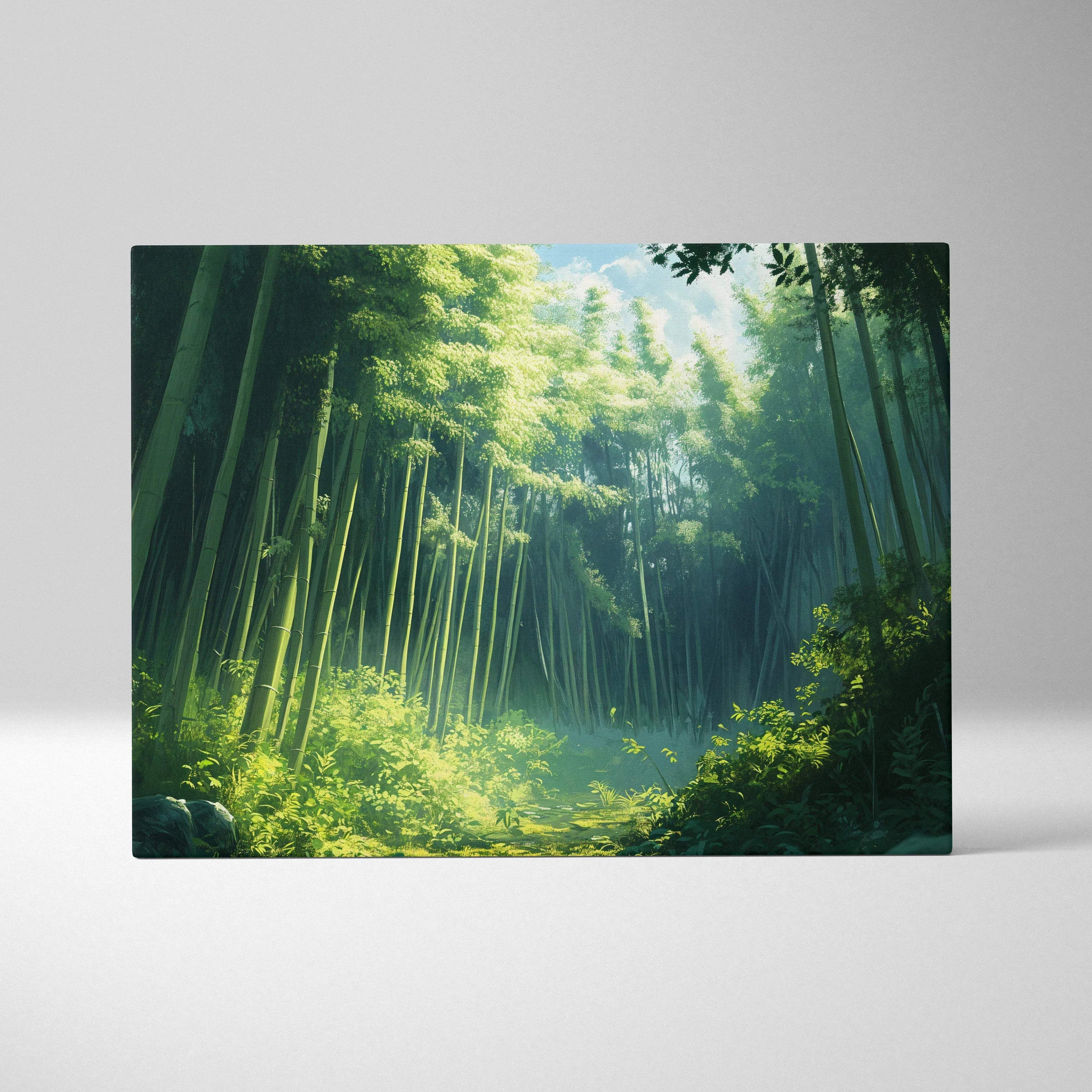 Cinematic painterly bamboo forest canvas wall art in serene emerald greens with soft gold light