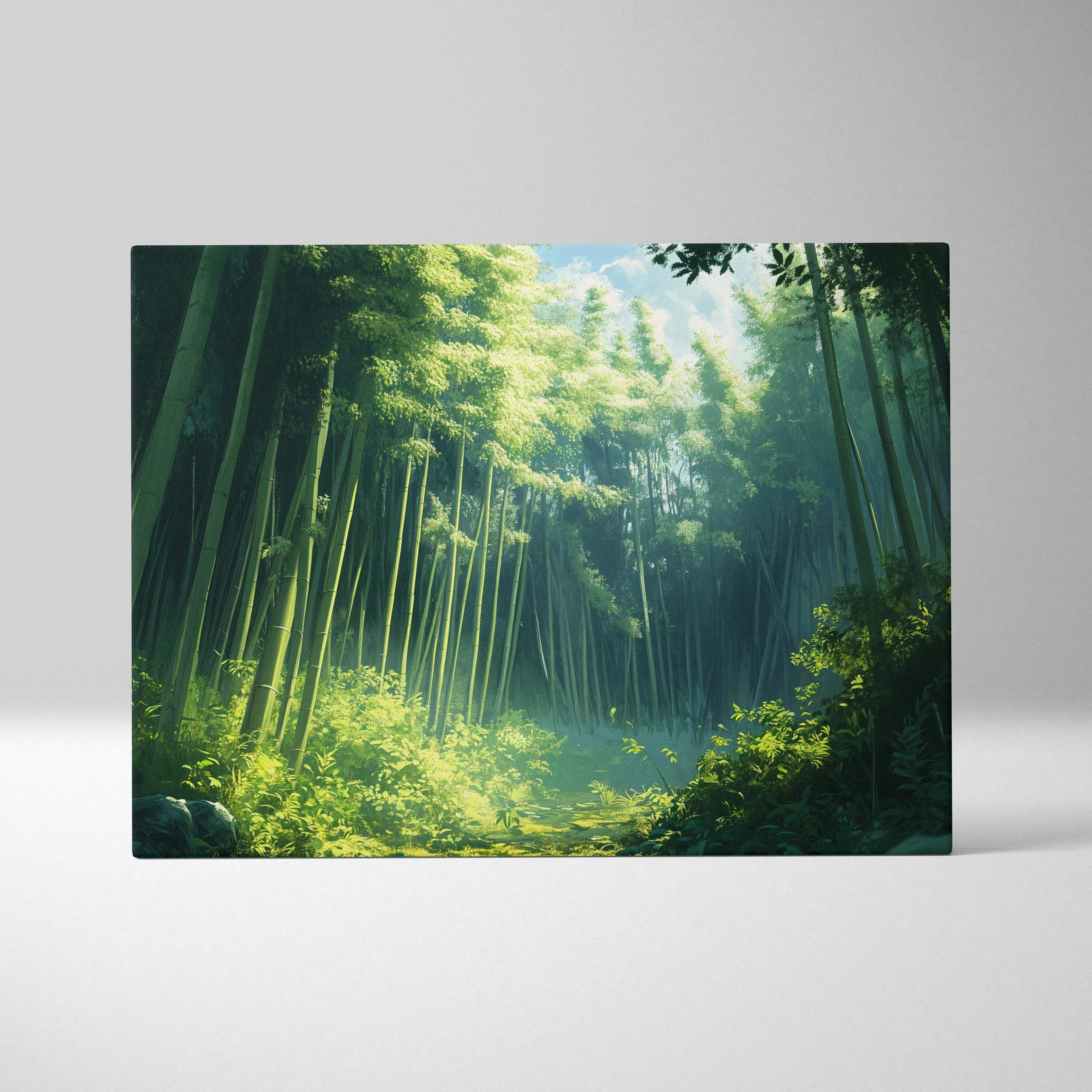 Cinematic painterly bamboo forest canvas wall art in serene emerald greens with soft gold light