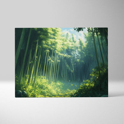 Cinematic painterly bamboo forest canvas wall art in serene emerald greens with soft gold light