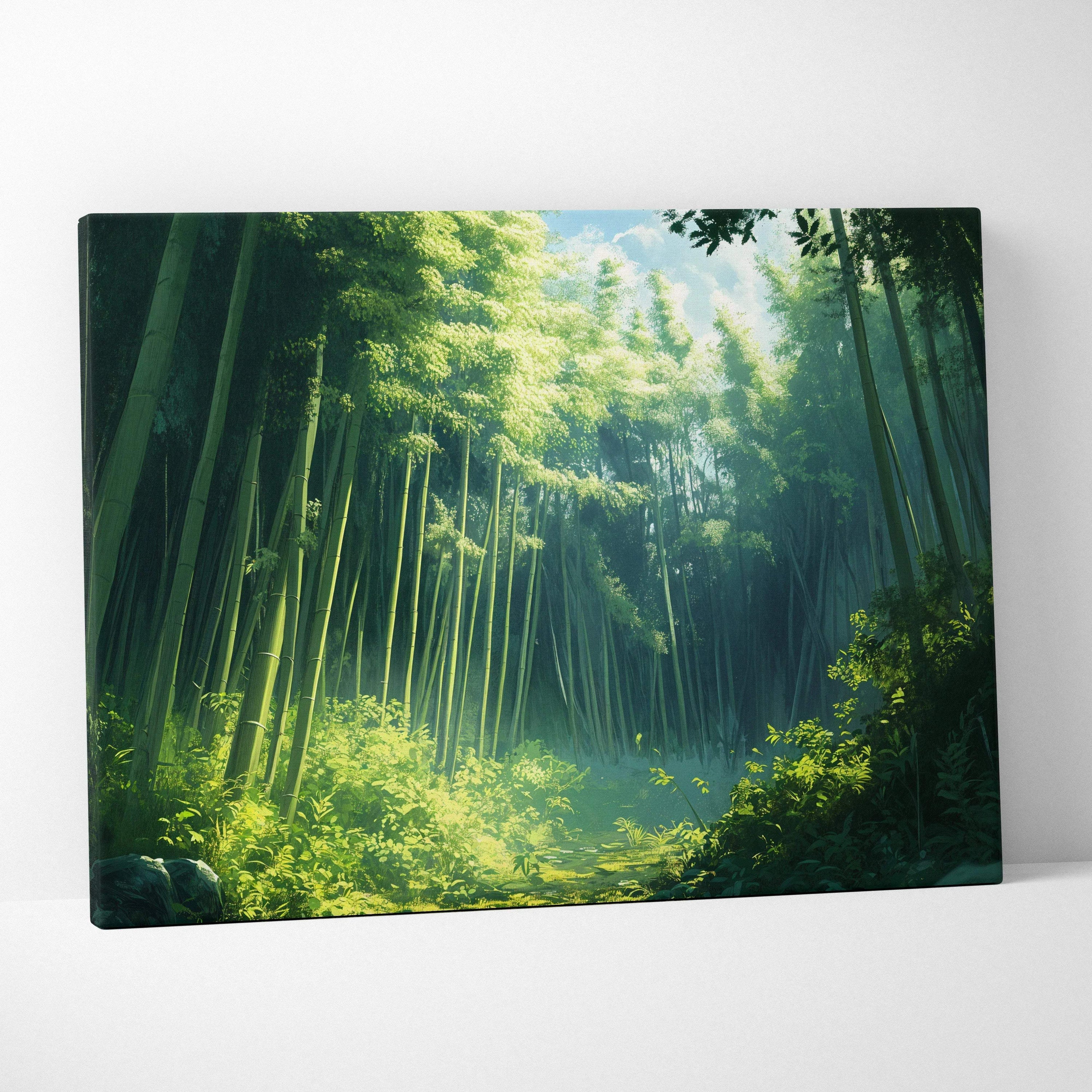 Cinematic painterly bamboo forest canvas art in serene emerald greens with soft gold light