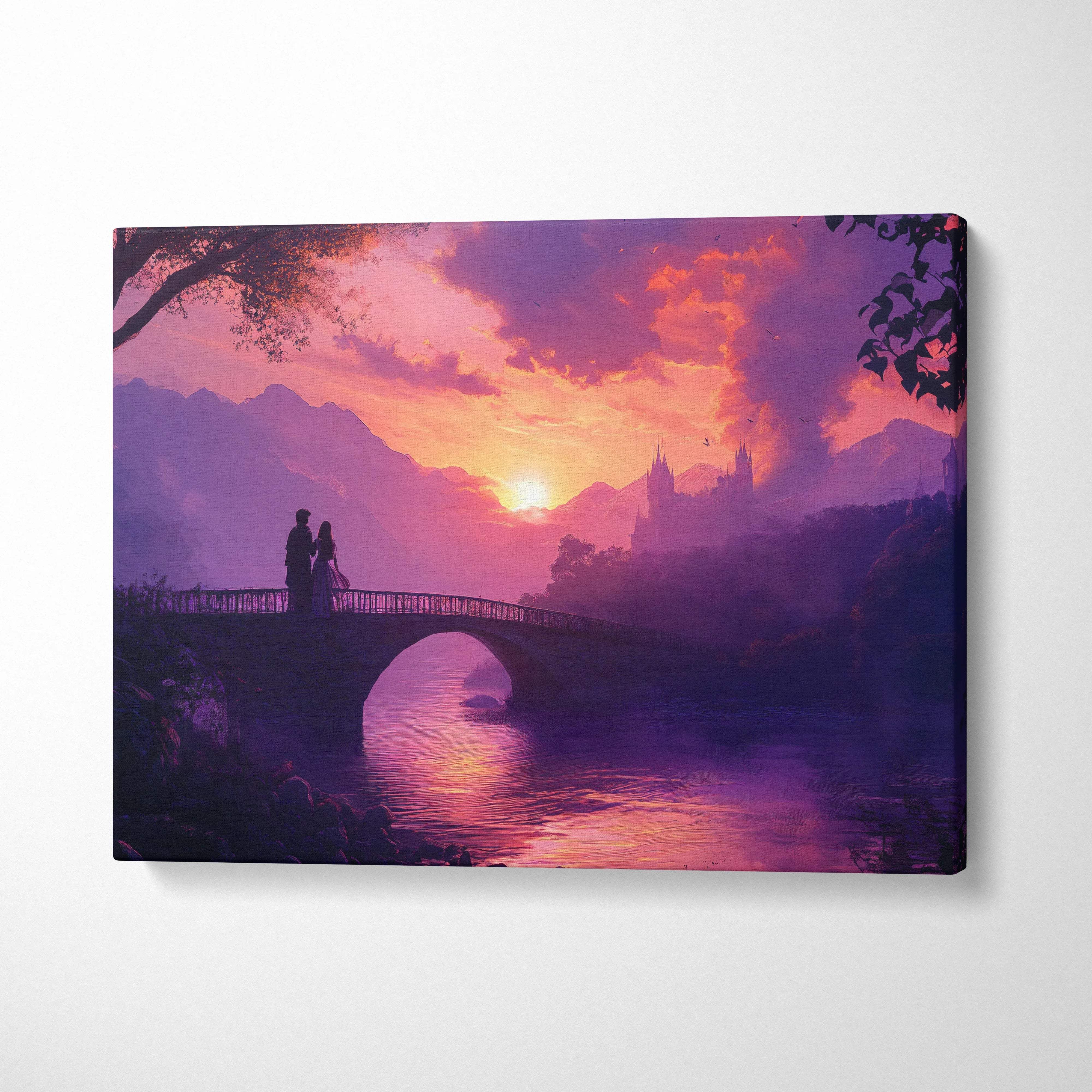 Romantic couple on arched bridge at sunset in violet rose amber hues