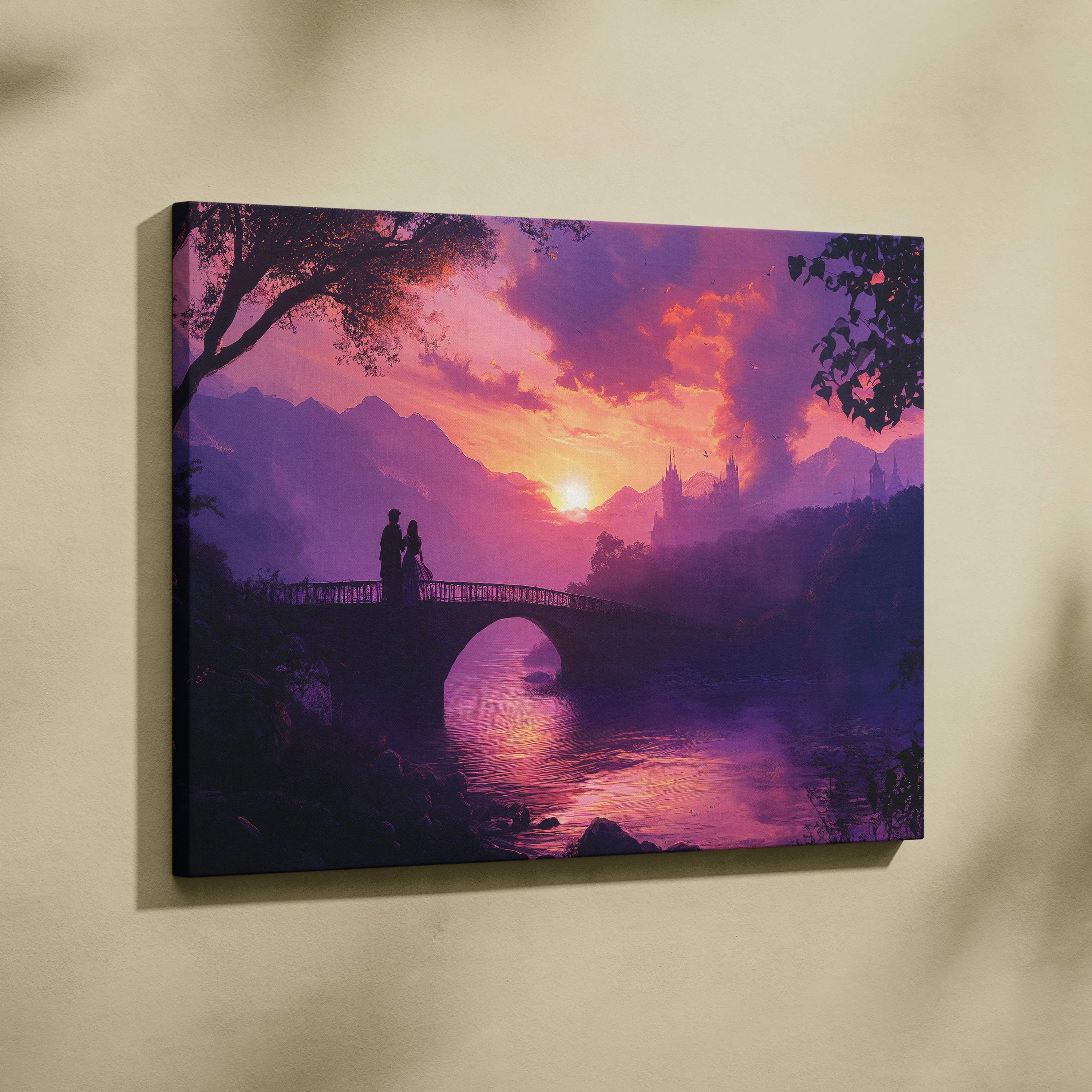 Romantic couple on arched bridge at vibrant purple pink sunset with mountains castle