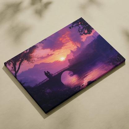 Romantic lovers on arched bridge at sunset canvas art in violet rose amber indigo hues