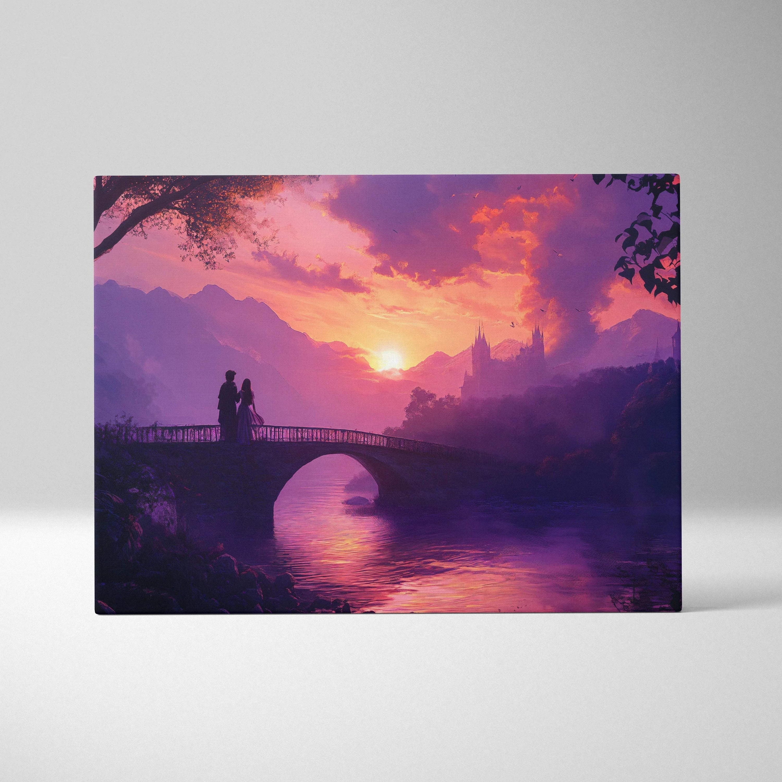 Romantic purple pink sunset canvas with lovers on arched bridge