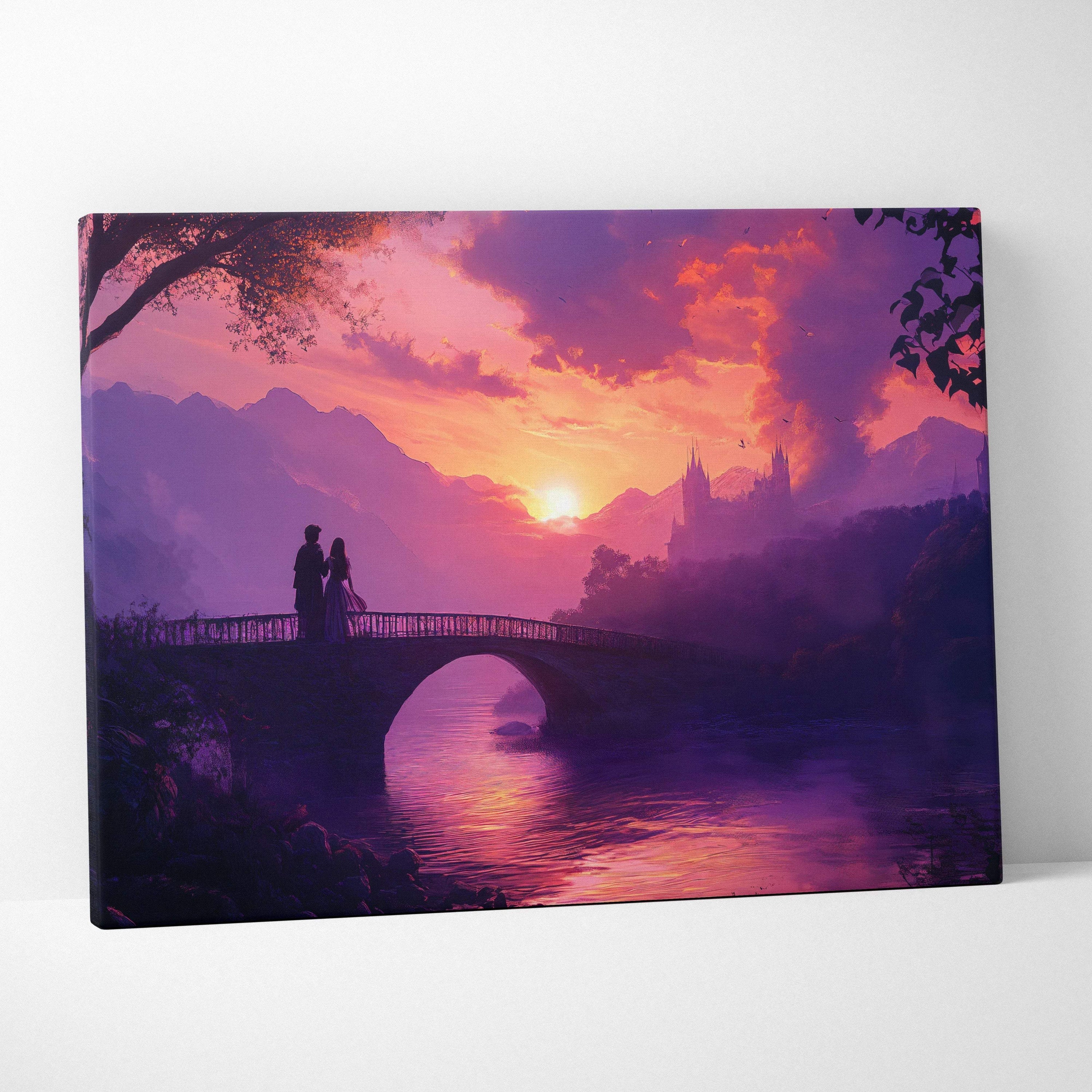 Romantic purple pink sunset canvas lovers on arched bridge mountains castle