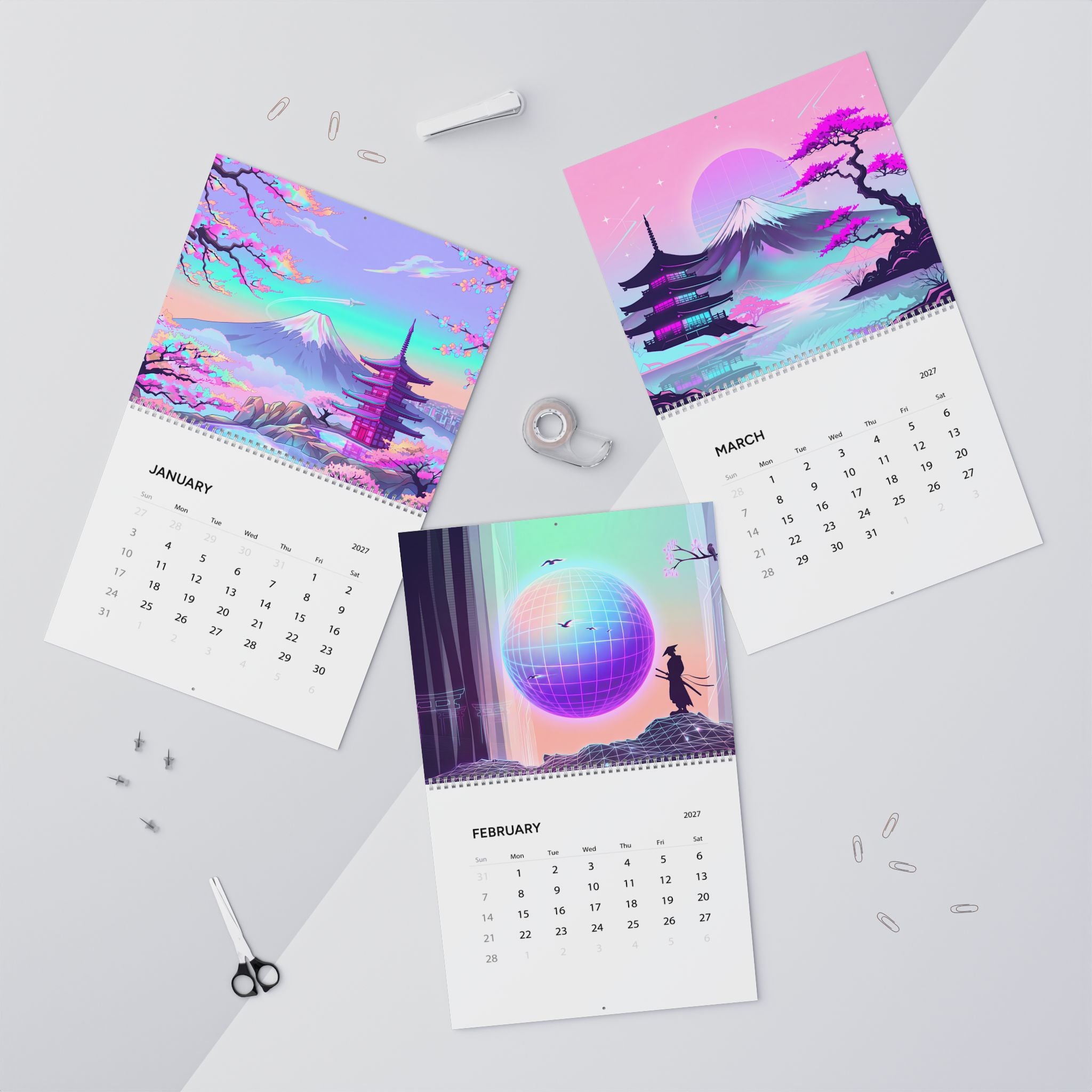 2027 Japanese Aesthetic Vaporwave Calendar – Retro Futuristic Neon Art & Japan Inspired Designs