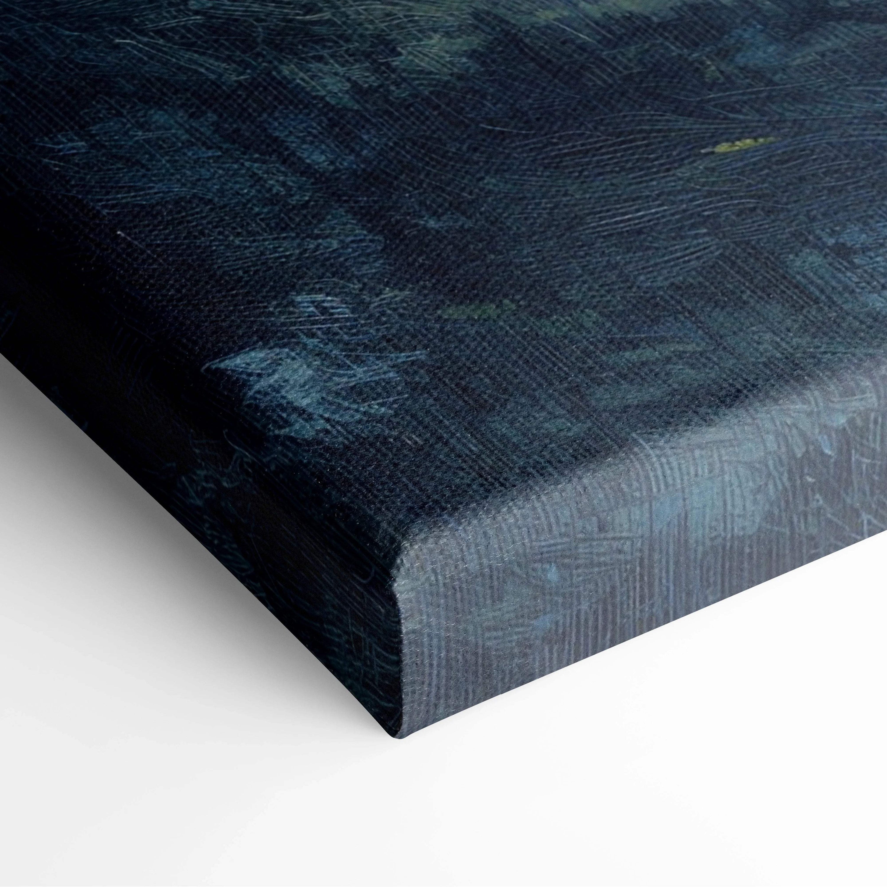 Dark blue textured canvas print of moonlit forest path nightscape