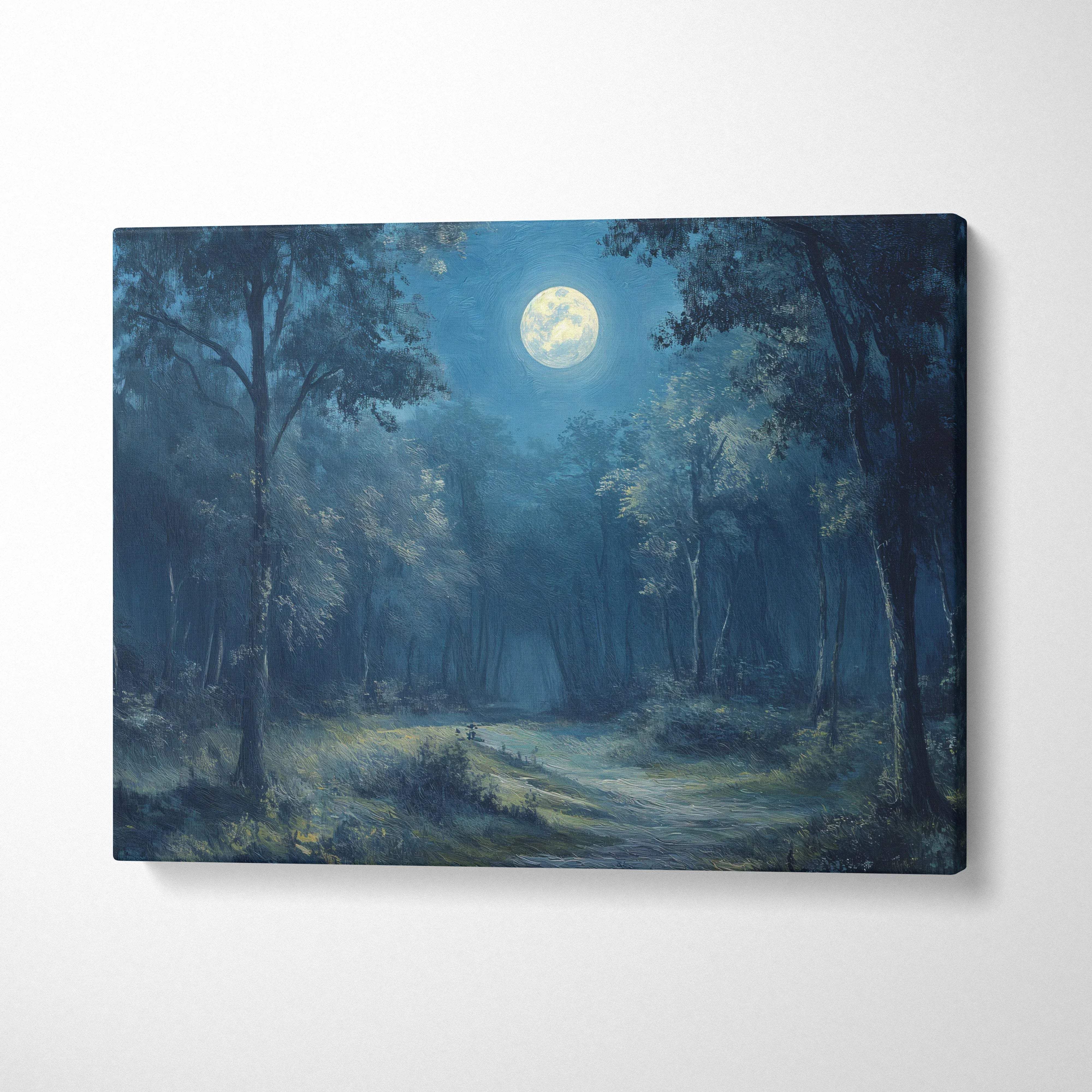 Moonlit forest path canvas wall art in midnight blue and forest greens