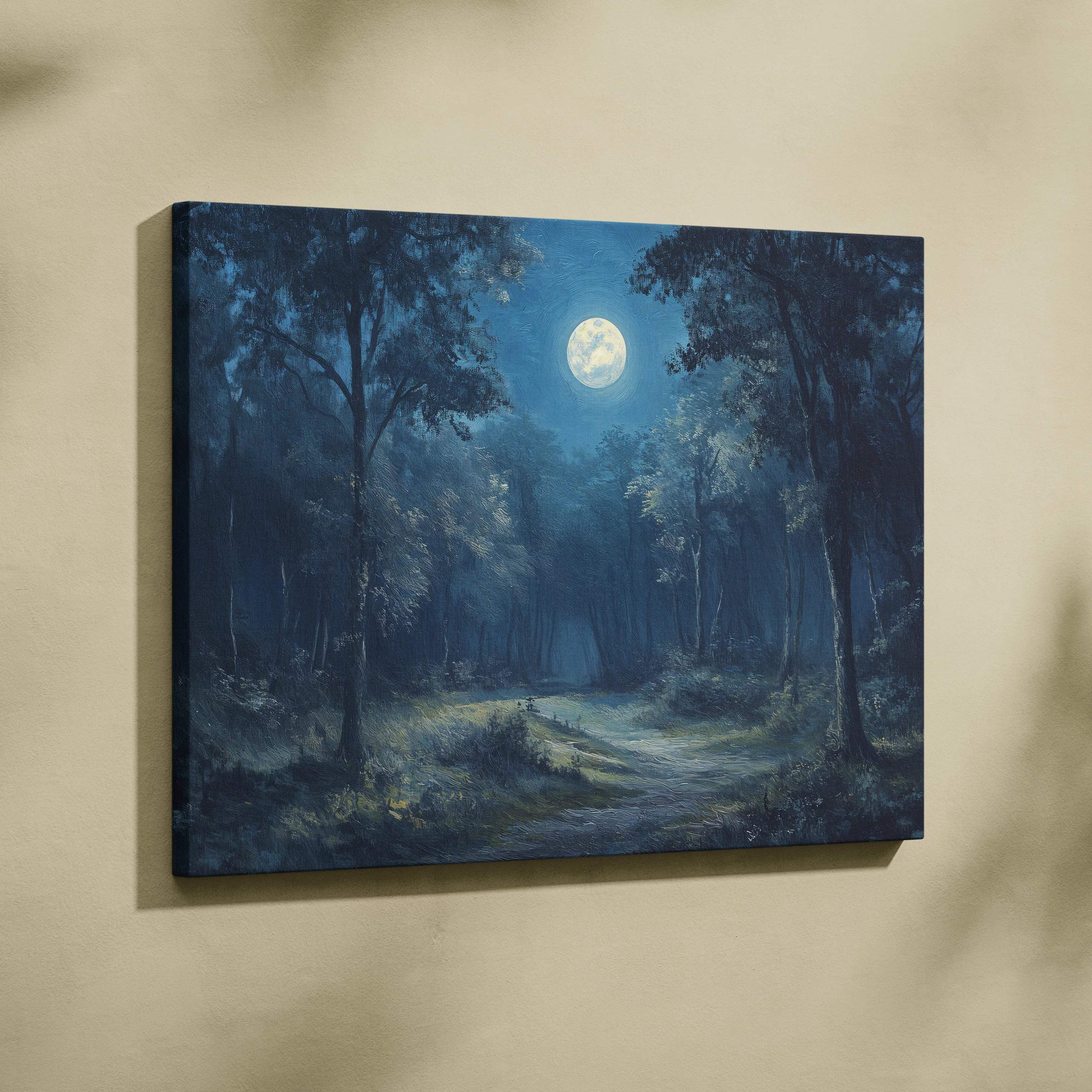 Moonlit forest path canvas wall art in midnight blue and forest greens
