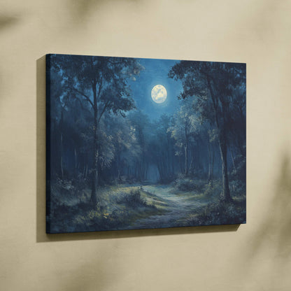 Moonlit forest path canvas wall art in midnight blue and forest greens