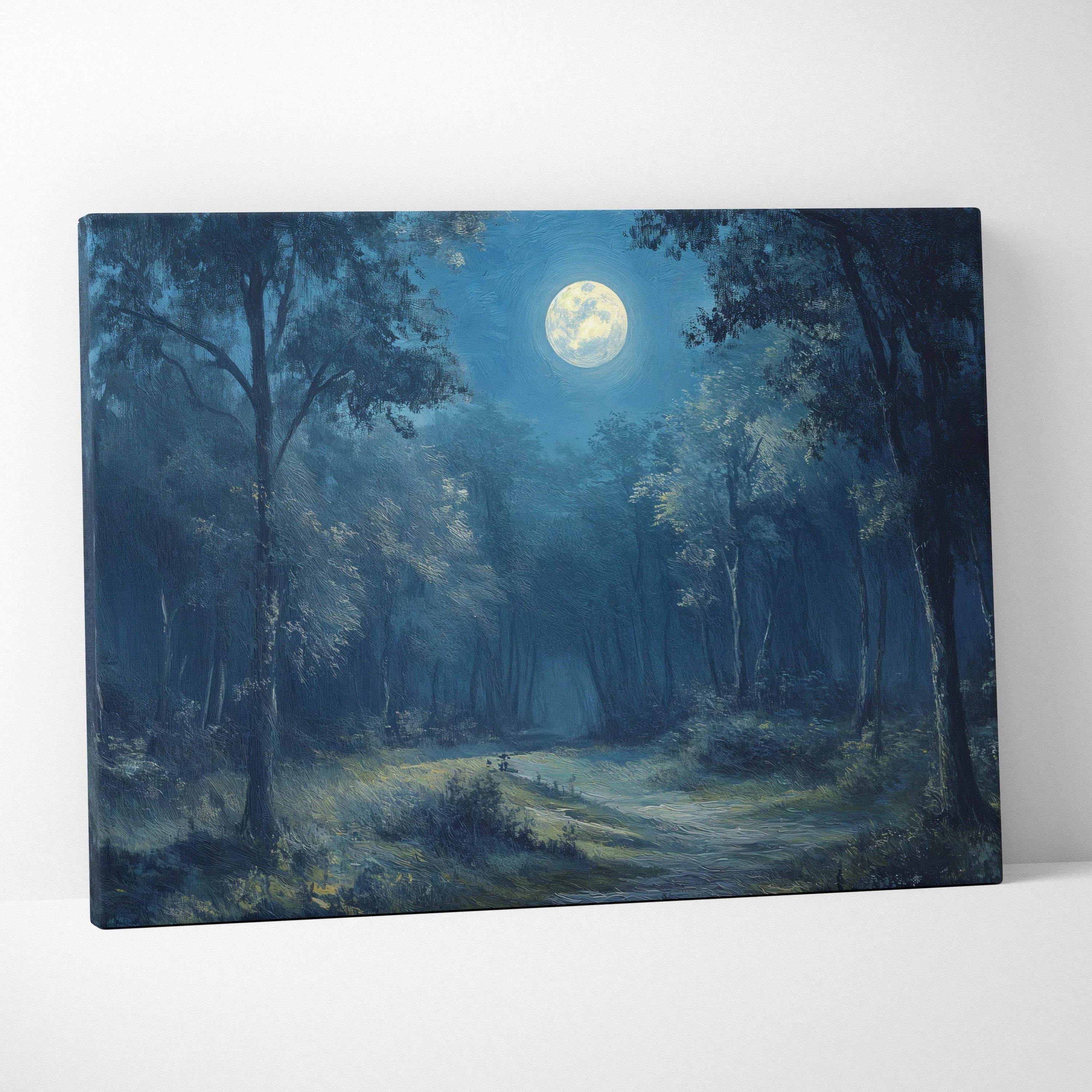 Moonlit forest path canvas wall art in midnight blue and forest greens