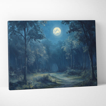 Moonlit forest path canvas wall art in midnight blue and forest greens