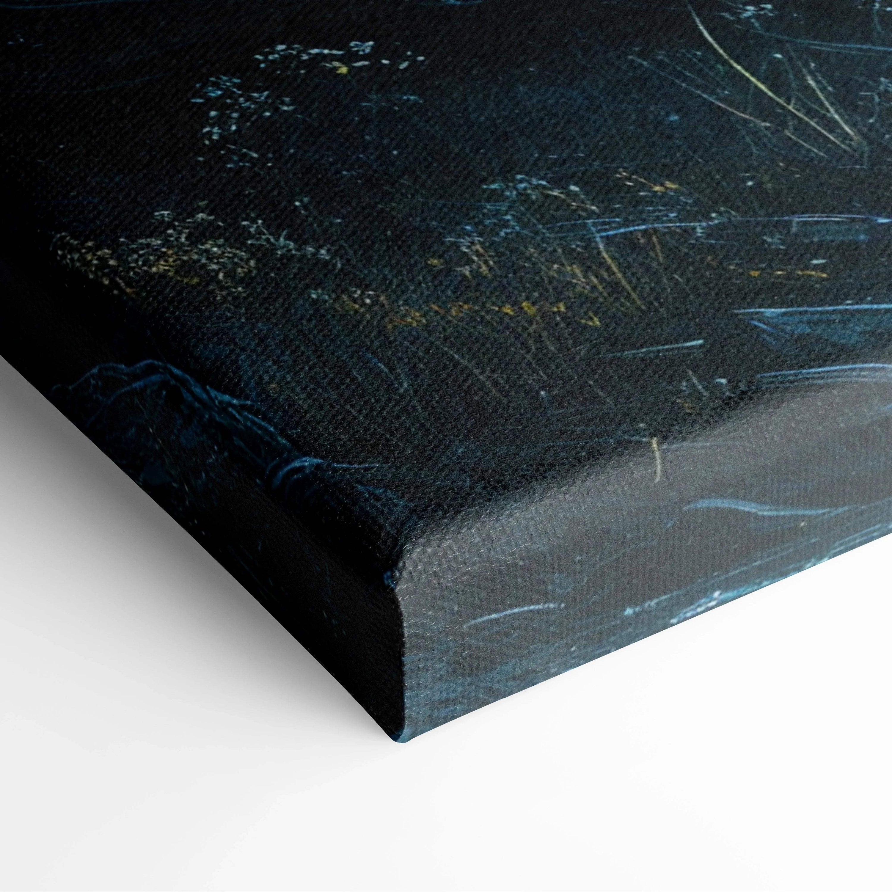 Moonlit Pines canvas wall art black textured print with blue gold brushstrokes