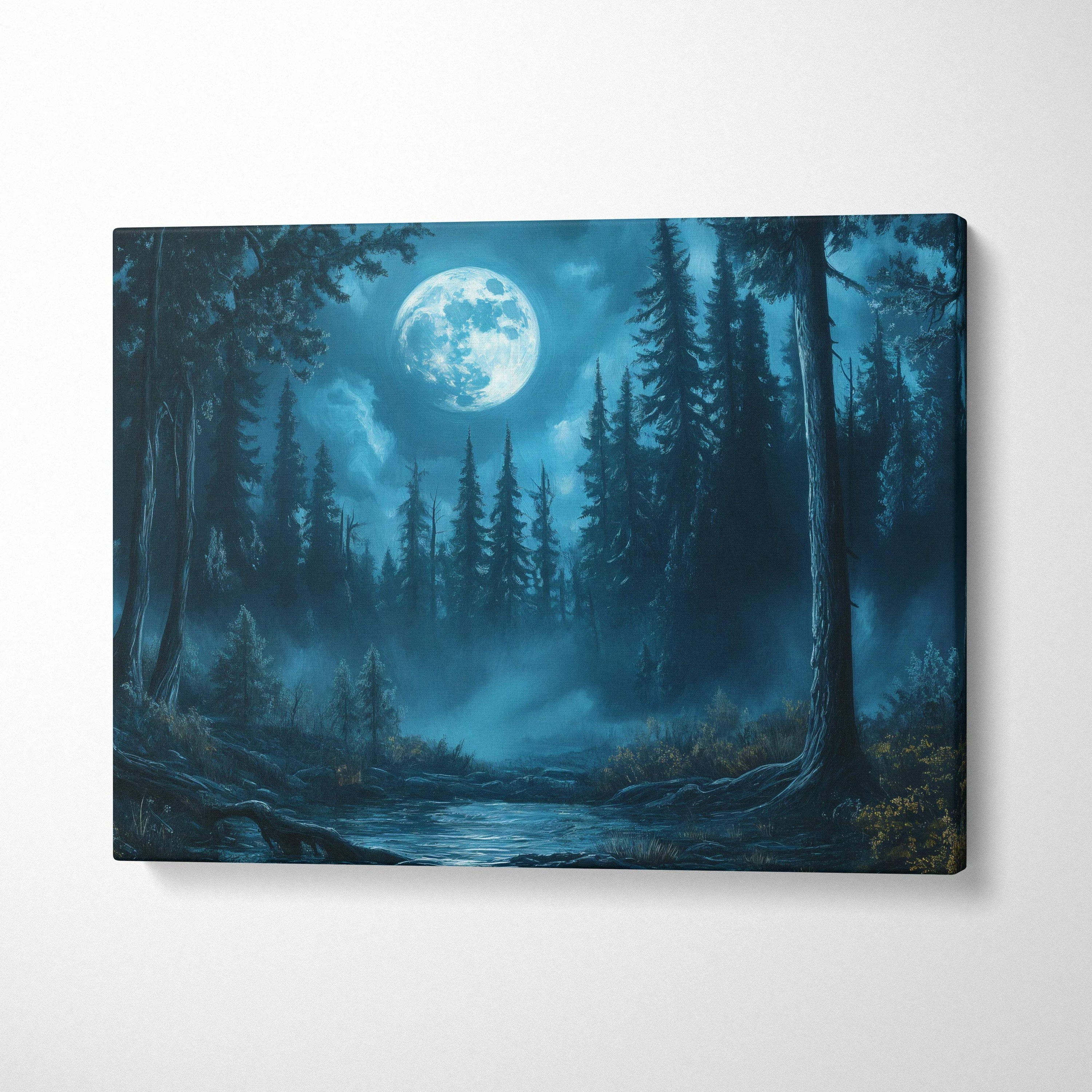 Moonlit pines canvas wall art with full moon over misty teal forest river