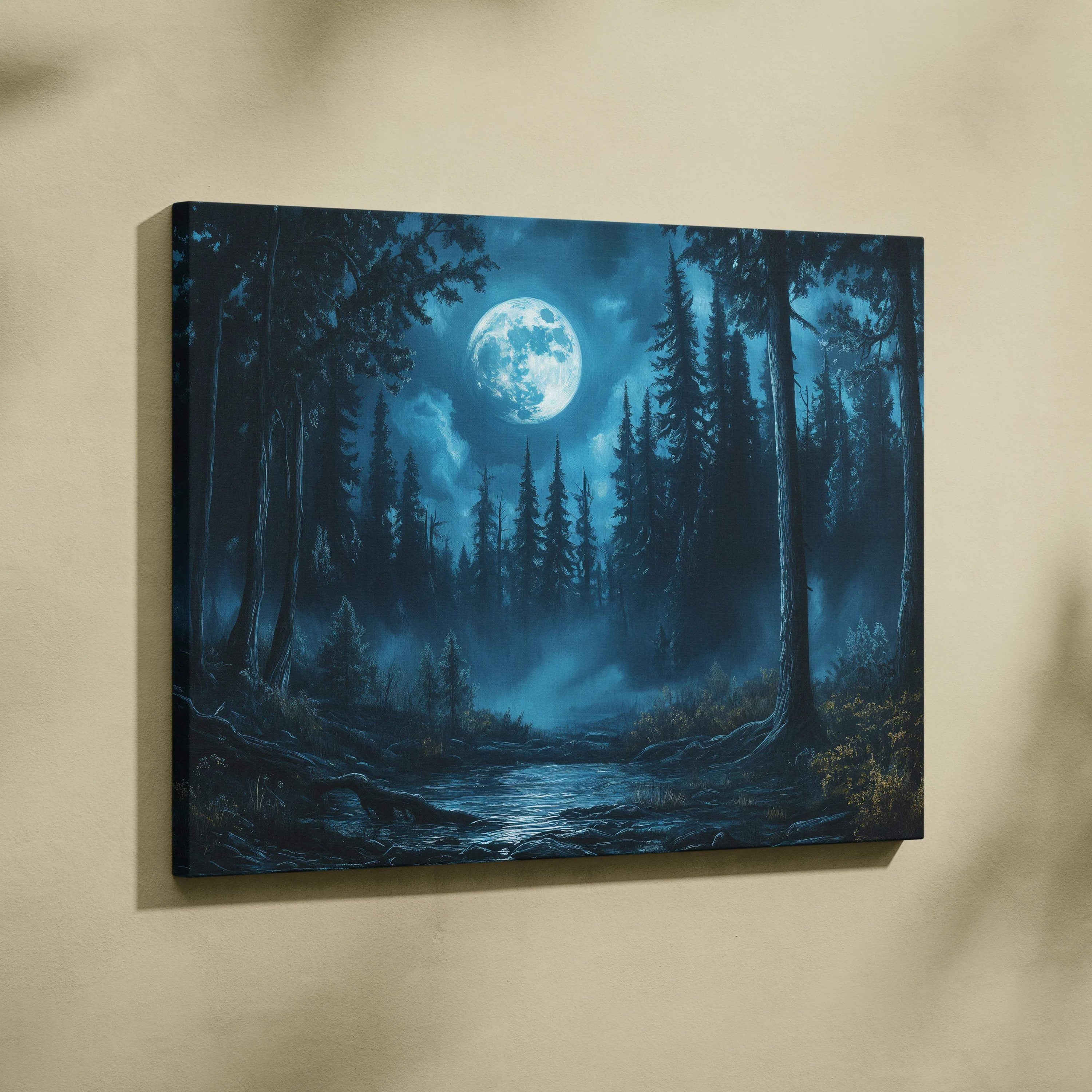 Moonlit pines canvas wall art: nocturnal forest in teal, sapphire blue, misty green, silver