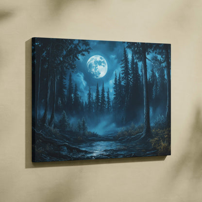 Moonlit pines canvas wall art: nocturnal forest in teal, sapphire blue, misty green, silver