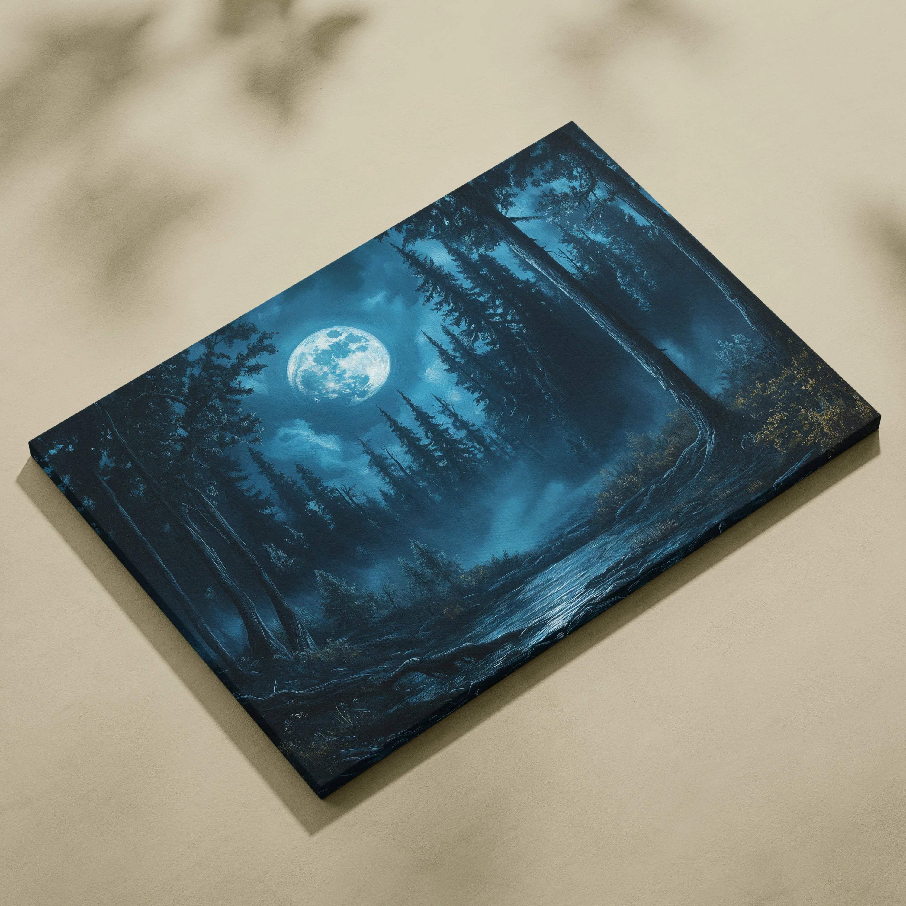 Moonlit pines canvas wall art: nocturnal forest in teal, sapphire blue, misty green, silver