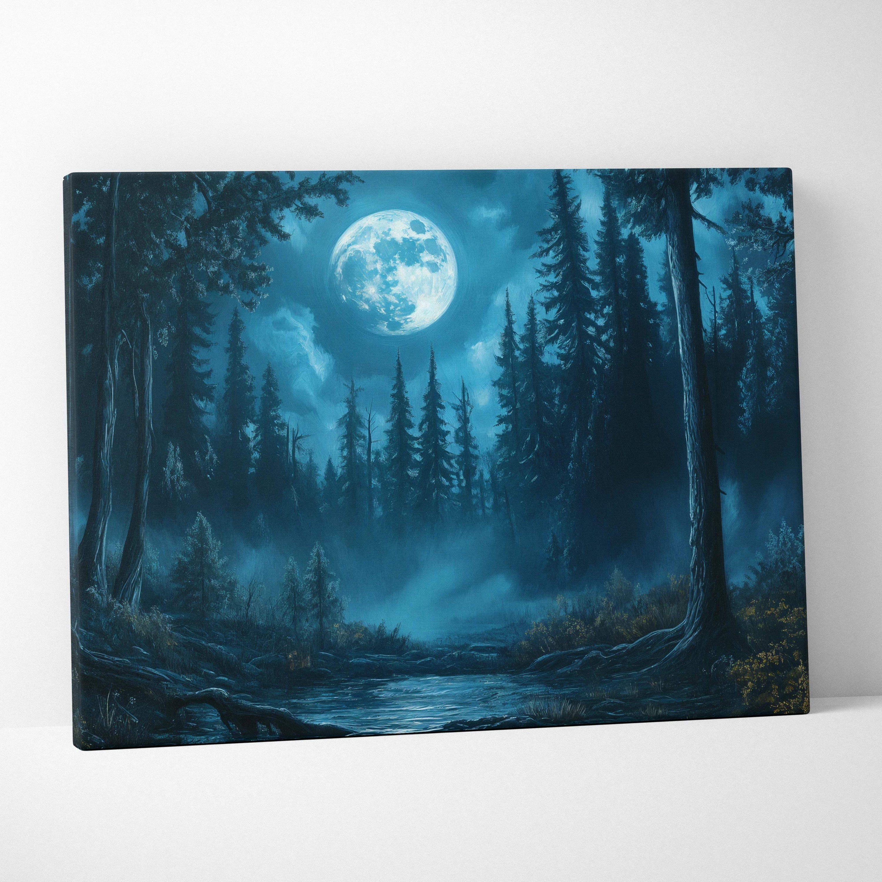 Moonlit pines canvas wall art: nocturnal forest in teal, sapphire blue, misty green, silver