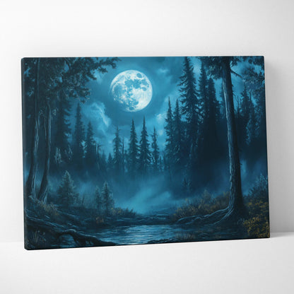 Moonlit pines canvas wall art: nocturnal forest in teal, sapphire blue, misty green, silver