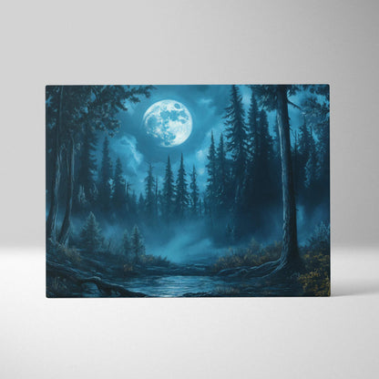 Moonlit pines canvas wall art: nocturnal forest in teal, sapphire blue, misty green, silver
