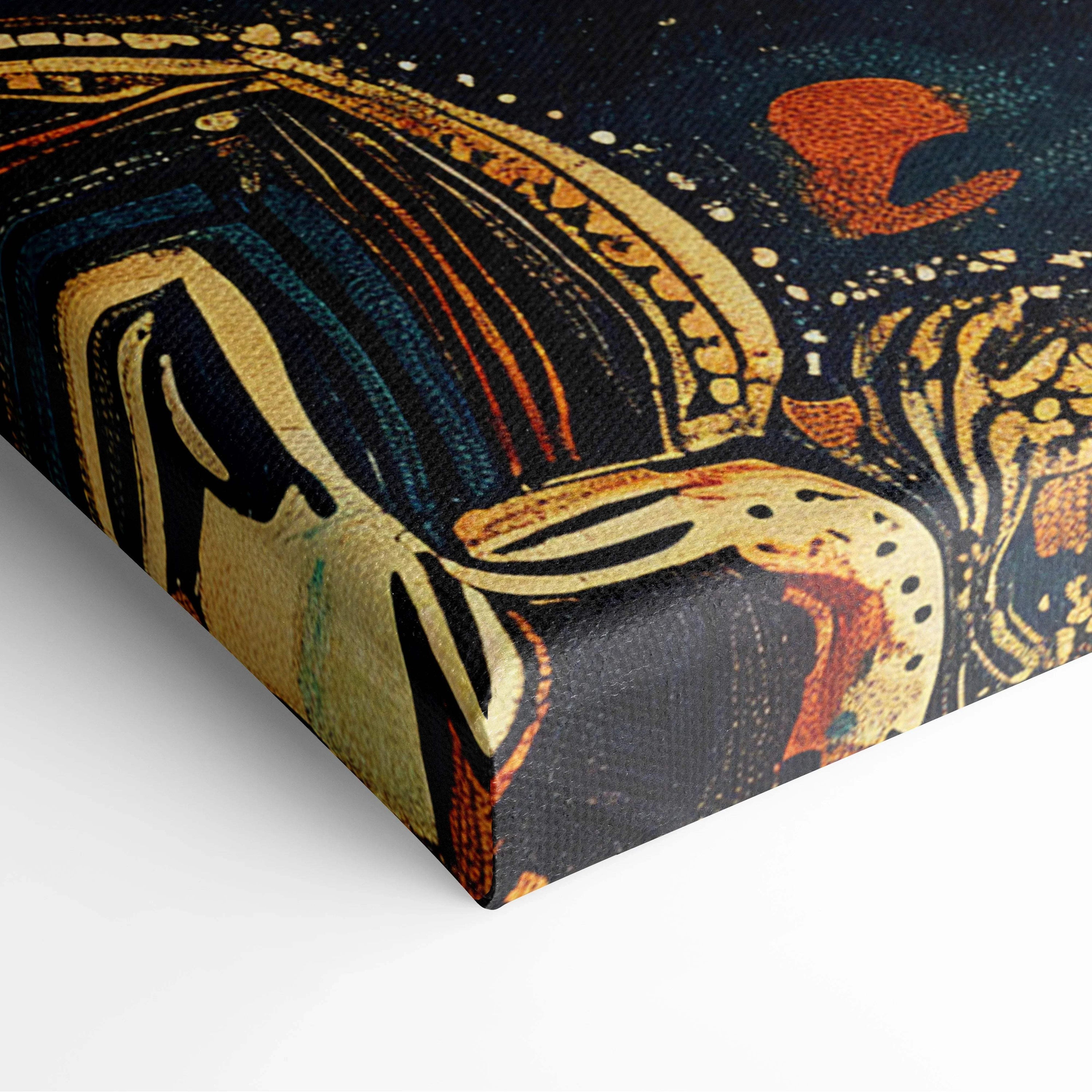 Bohemian sacred geometry celestial lotus mandala canvas art in teal indigo gold