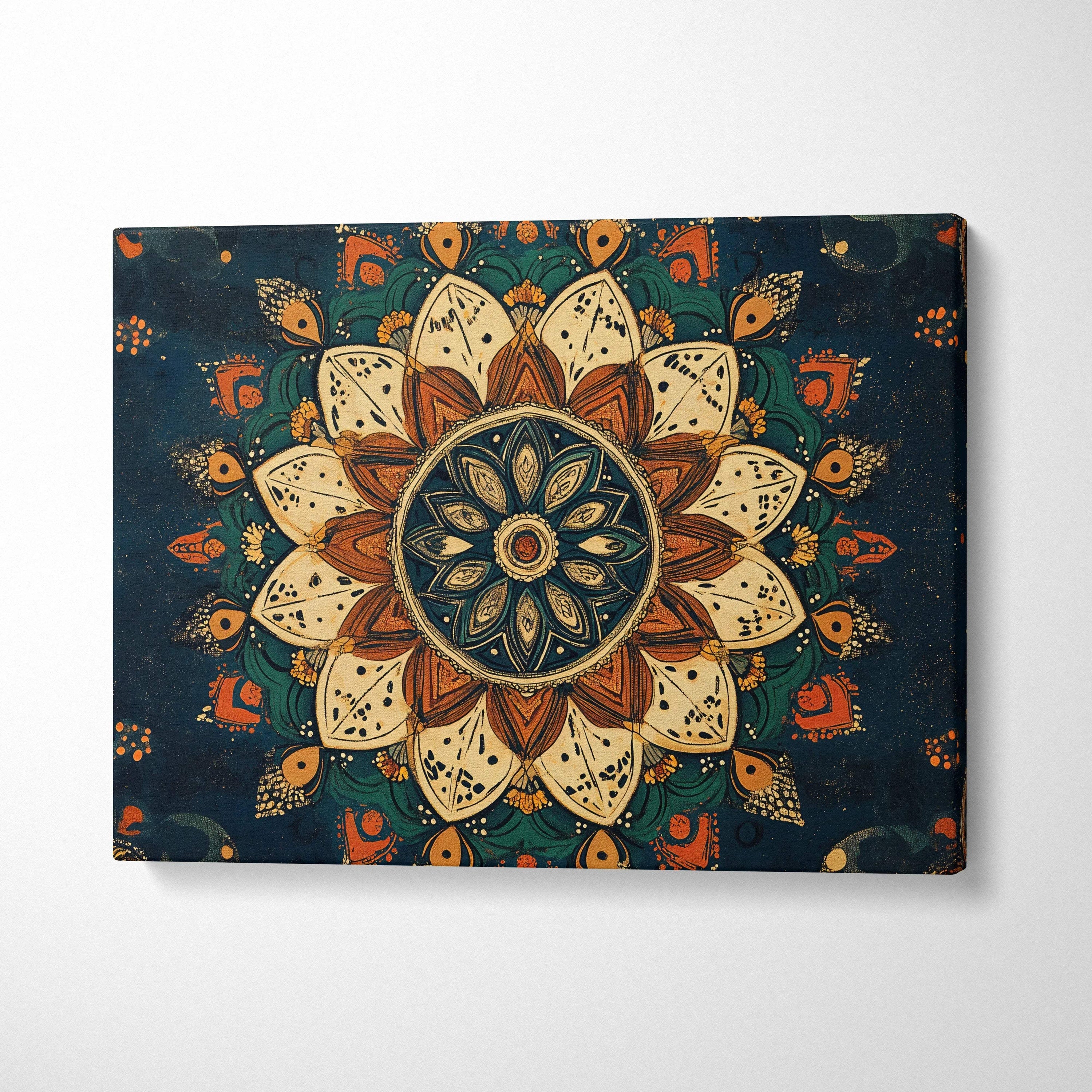 Bohemian lotus mandala canvas wall art in terracotta ivory navy tones